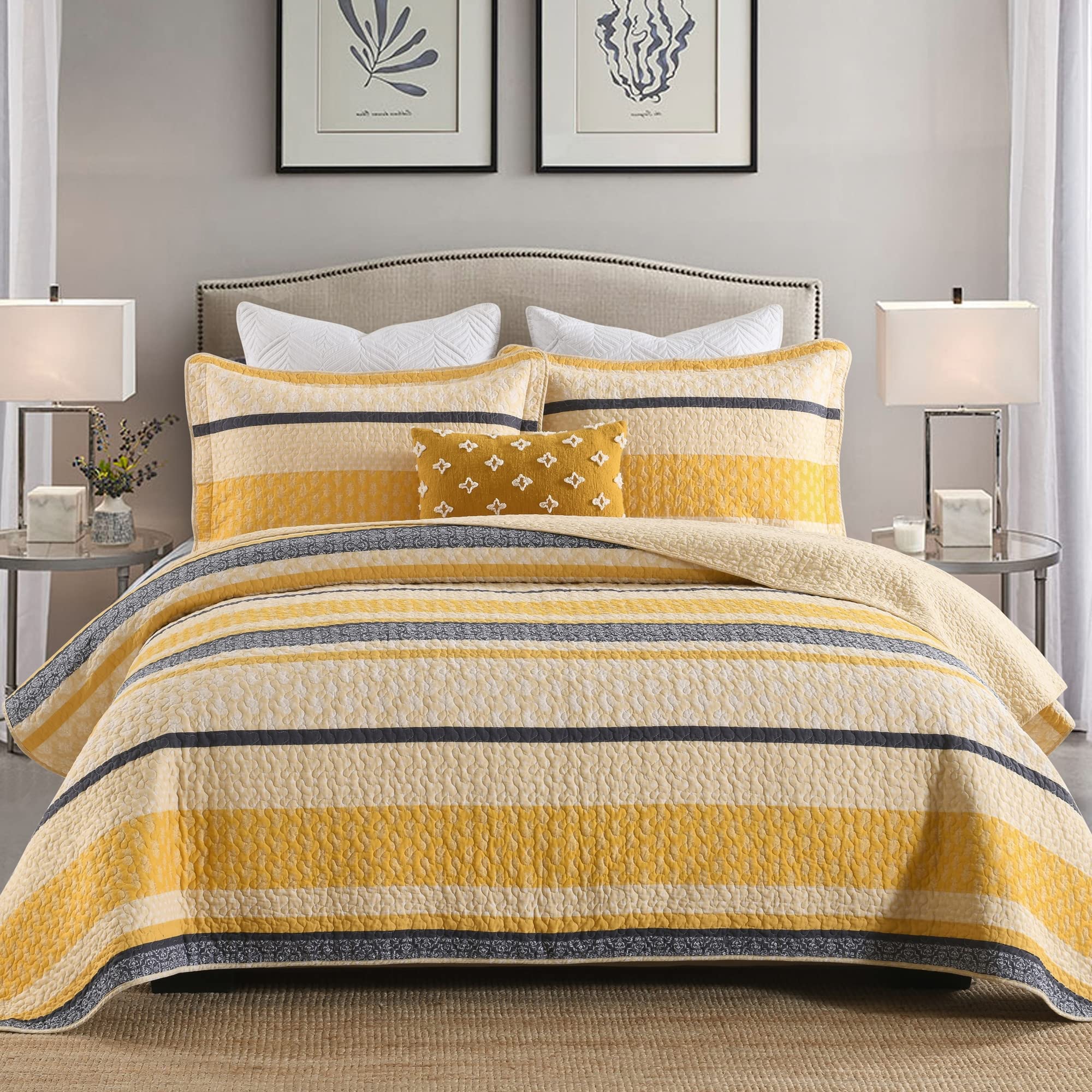 Homzard Queen Size Quilt Bedding Set - 3 Piece Lightweight Cotton Comforter in Yellow, Black & Grey Stripes | Farmhouse Style All Season Bedspread for Cozy Home Decor