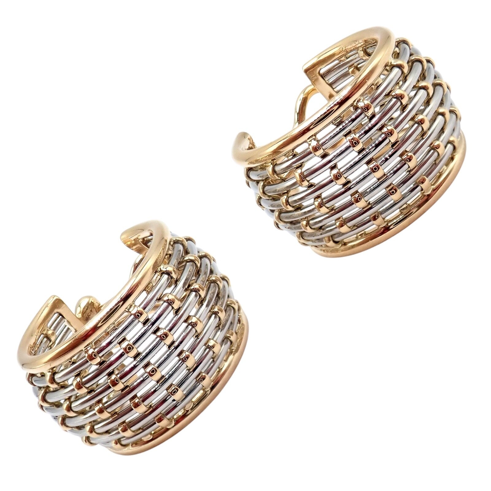 Authentic Cartier 18K Yellow Gold & Stainless Steel Basket Weave Ring and Earrings Set - Luxury Jewelry for Weddings, Anniversaries & Special Occasions