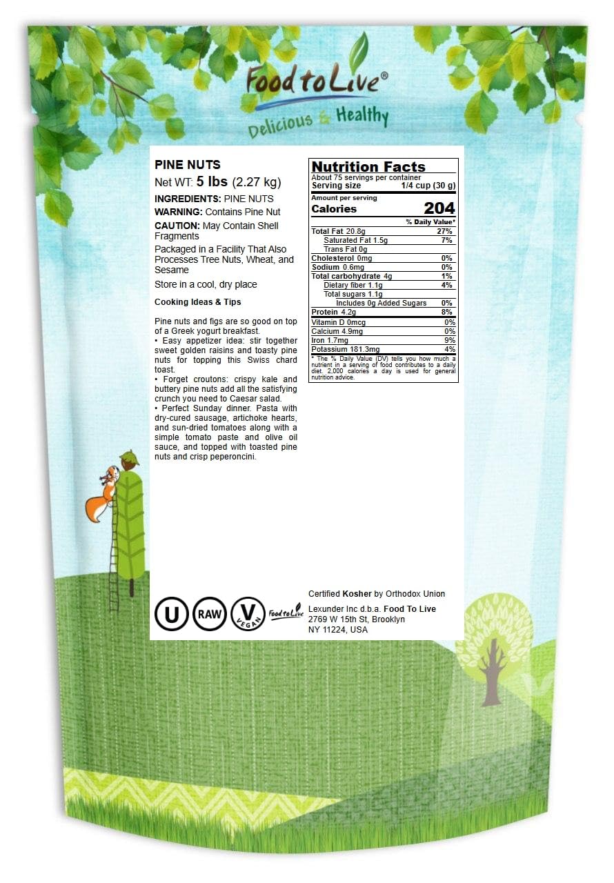 Food to Live - Raw Pine Nuts (Pignolias), 5 Pounds Bulk - Unsalted, Vegan, Kosher, Rich in Vitamin E & Protein - Healthy Snack for Pesto, Salads, Baking, Trail Mix & Mediterranean Cooking