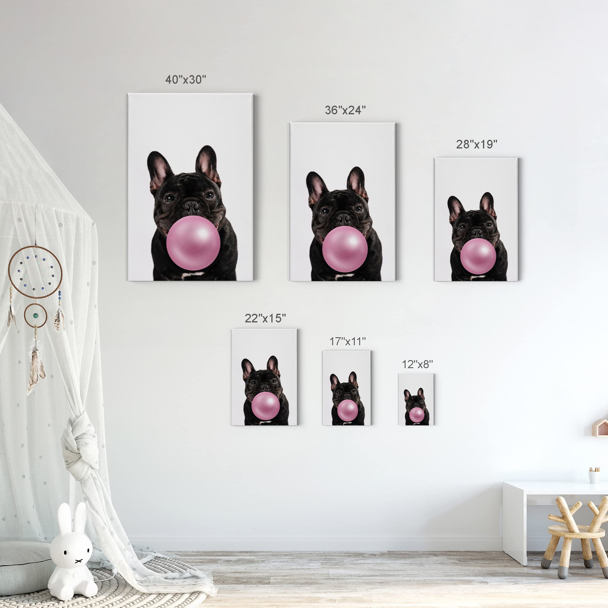 Cute Black Bulldog Bubble Gum Pop Art Canvas Print - 40x30 Inch Pink Animal Wall Decor for Kids Room, Nursery & Home Decoration | Made in USA | Fun & Playful Wall Art for Bedrooms, Playrooms & Gifts