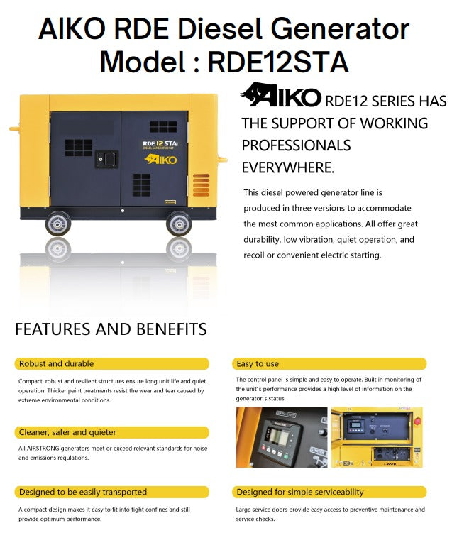 Aiko RDE12STAI3 10kVA 415V 50Hz 4-Stroke Diesel Generator - Reliable Power Backup for Homes, Farms & Construction Sites