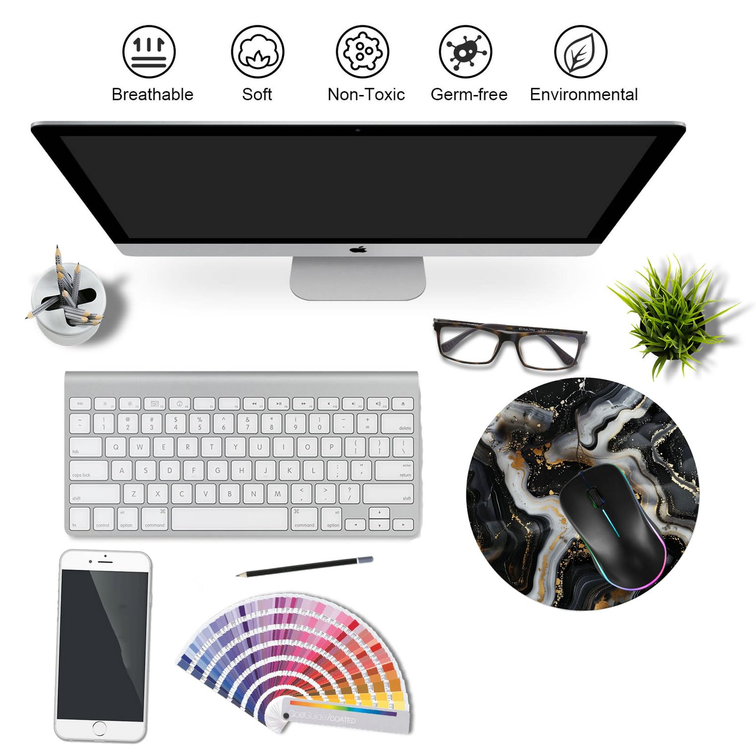 Premium Round Gaming Mouse Pad - Non-Slip Rubber Base with Stitched Edge (7.9 x 7.9 Inch) for PC, Laptop & Office - Grey Black Marble Design - Perfect for Gamers, Programmers & Home Office Use