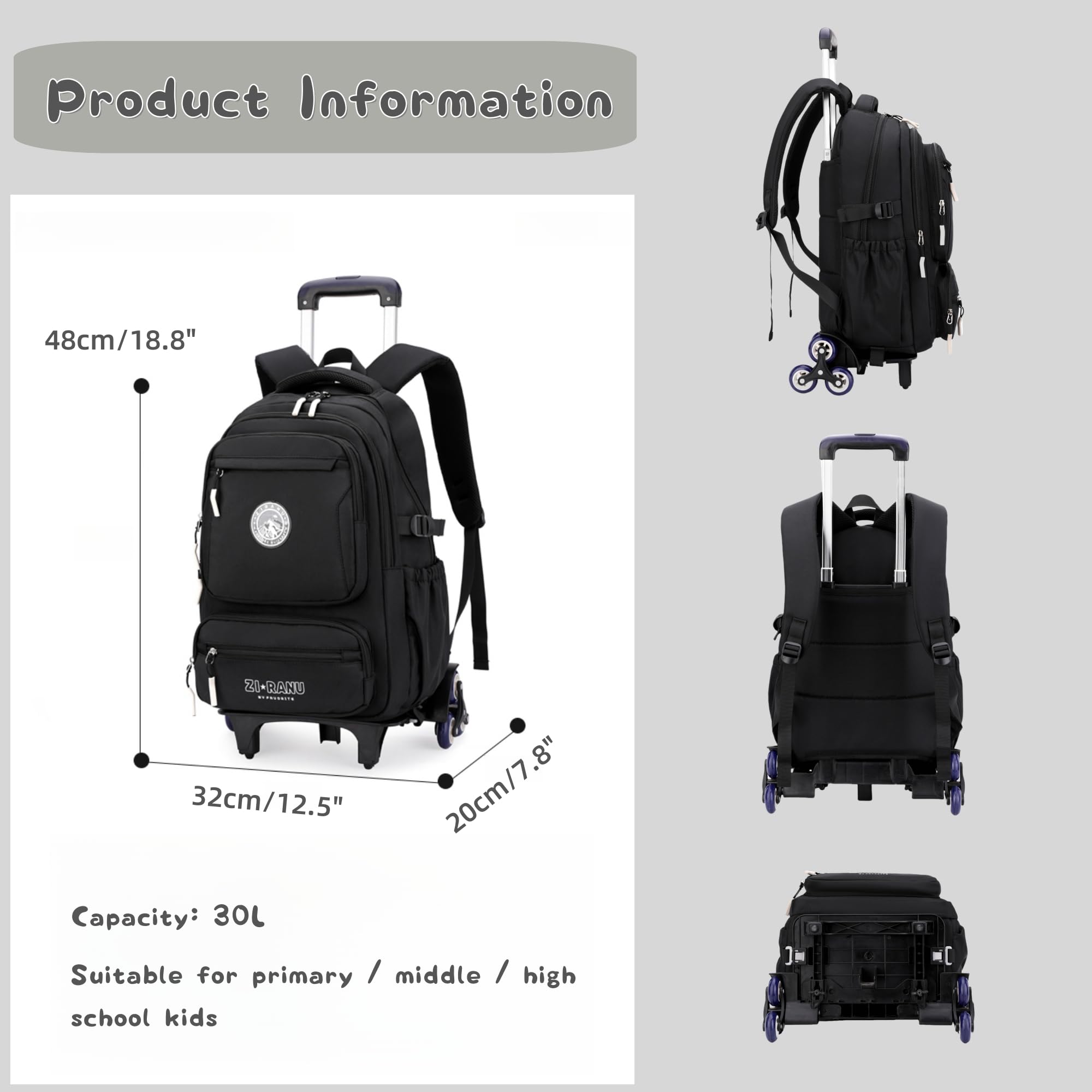 Rolling Backpack for Boys & Girls - 6-Wheel Rolling School Backpack with Wheels for Elementary & Middle School Students, Beige - Perfect for School, Travel & Daily Commute