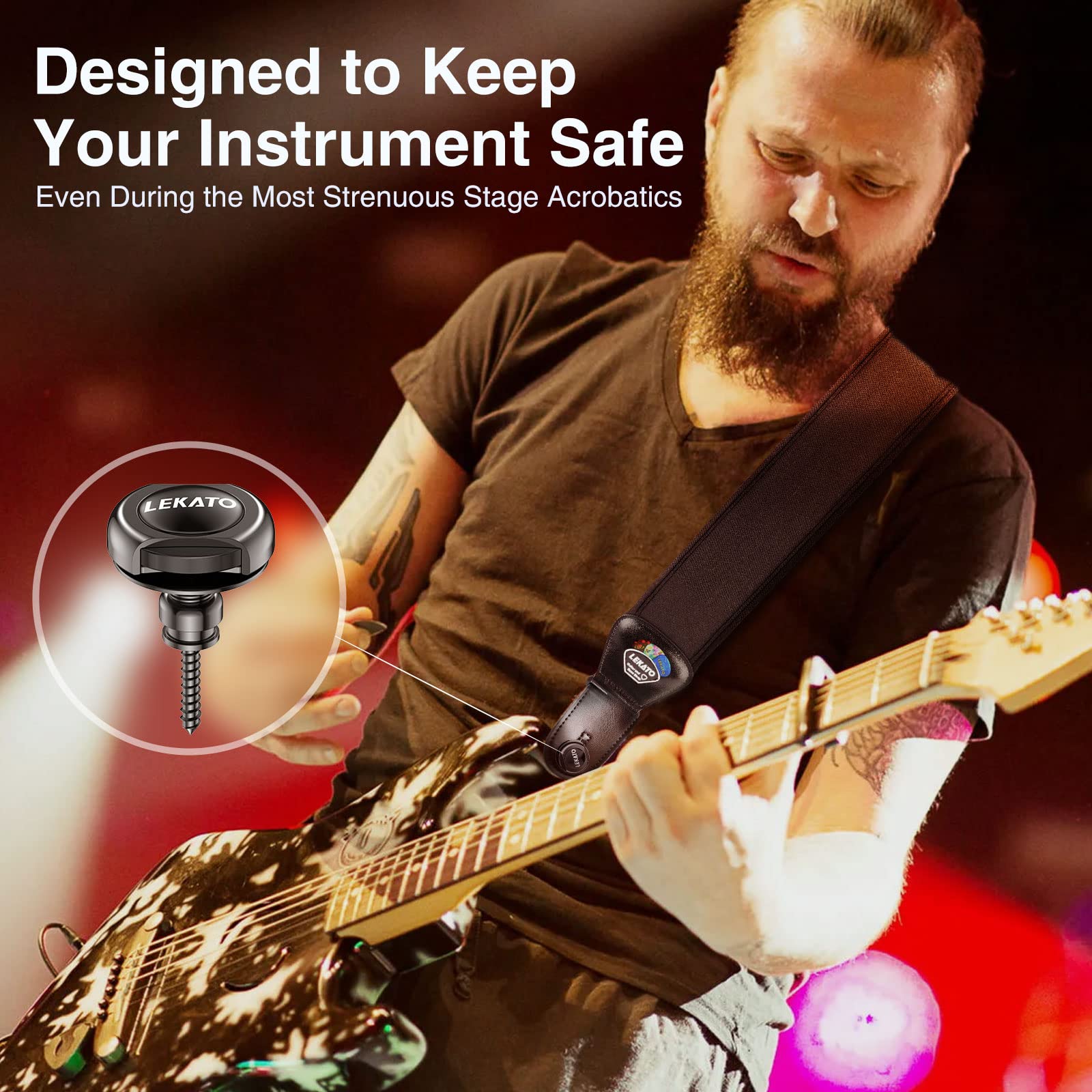 LEKATO Bass Guitar Strap Locks - Secure Quick Release Strap System for Electric, Acoustic Guitar & Bass (Black) | Perfect for Live Performances, Studio Sessions & Travel