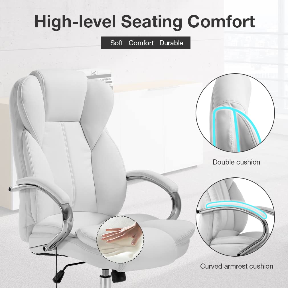 Adjustable High Back Ergonomic Office Chair with PU Leather & Lumbar Support - Executive Computer Task Chair with Massage & Swivel Wheels for Home Office - Perfect for Long Work Hours & Video Conferencing (White)