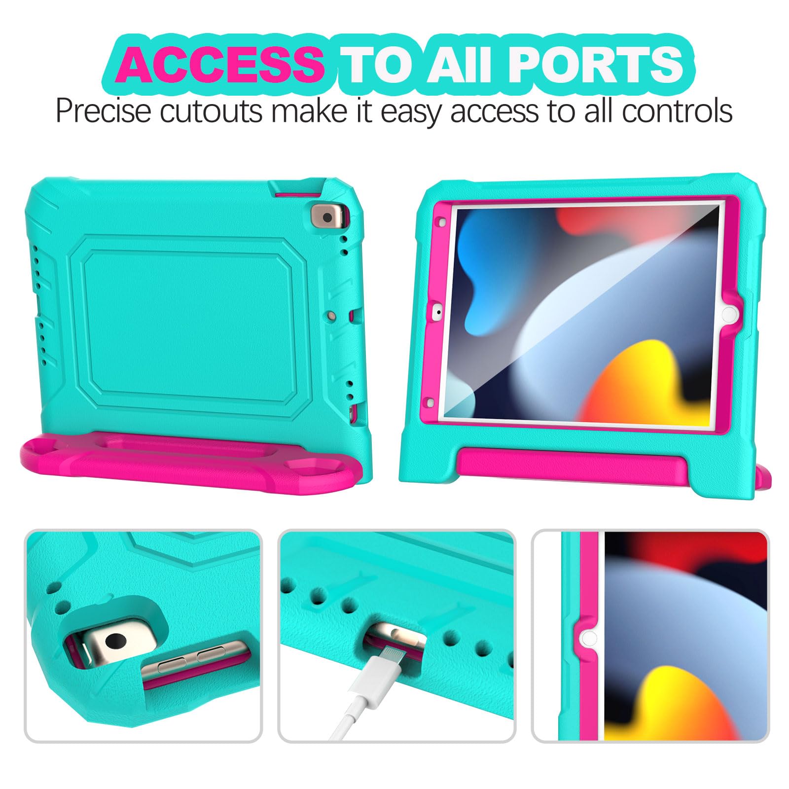YIHE Shockproof Kids iPad Case for 10.2 Inch (9th/8th/7th Gen 2021/2020/2019), iPad Pro 10.5 & iPad Air 3 - Durable Handle Stand Protective Cover with Screen Protector (Cyan & Pink) - Perfect for School, Travel & Home Learning