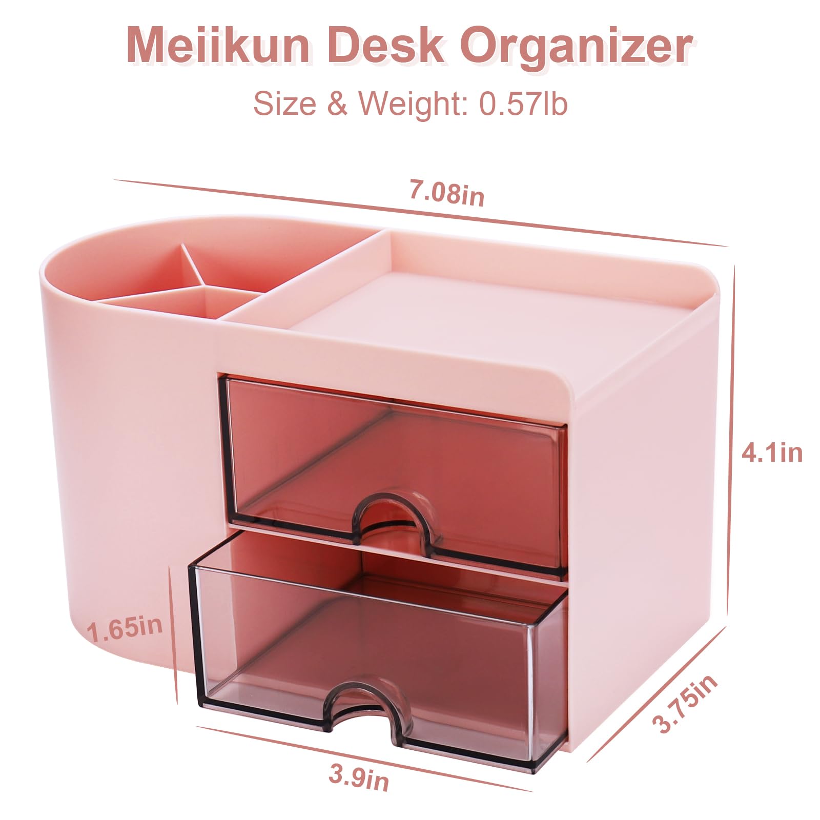 Pink Desk Organizer with 2 Drawers & 4 Compartments - Pen Holder, Pencil Organizer for Office & Home Storage - Perfect for School Supplies, Stationery & Workspace Organization