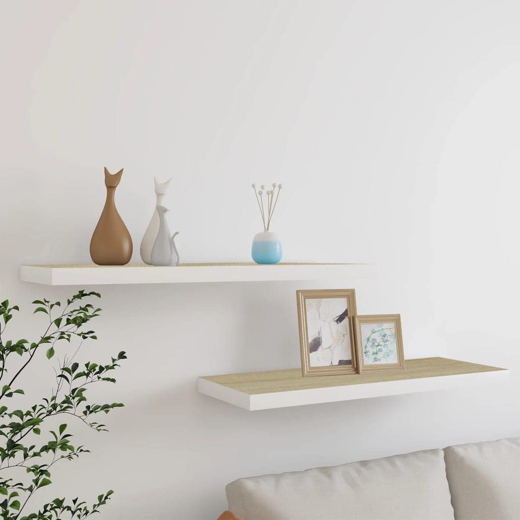 Floating Wall Shelves Set of 2 - Modern Oak & White MDF Display Shelves 31.5