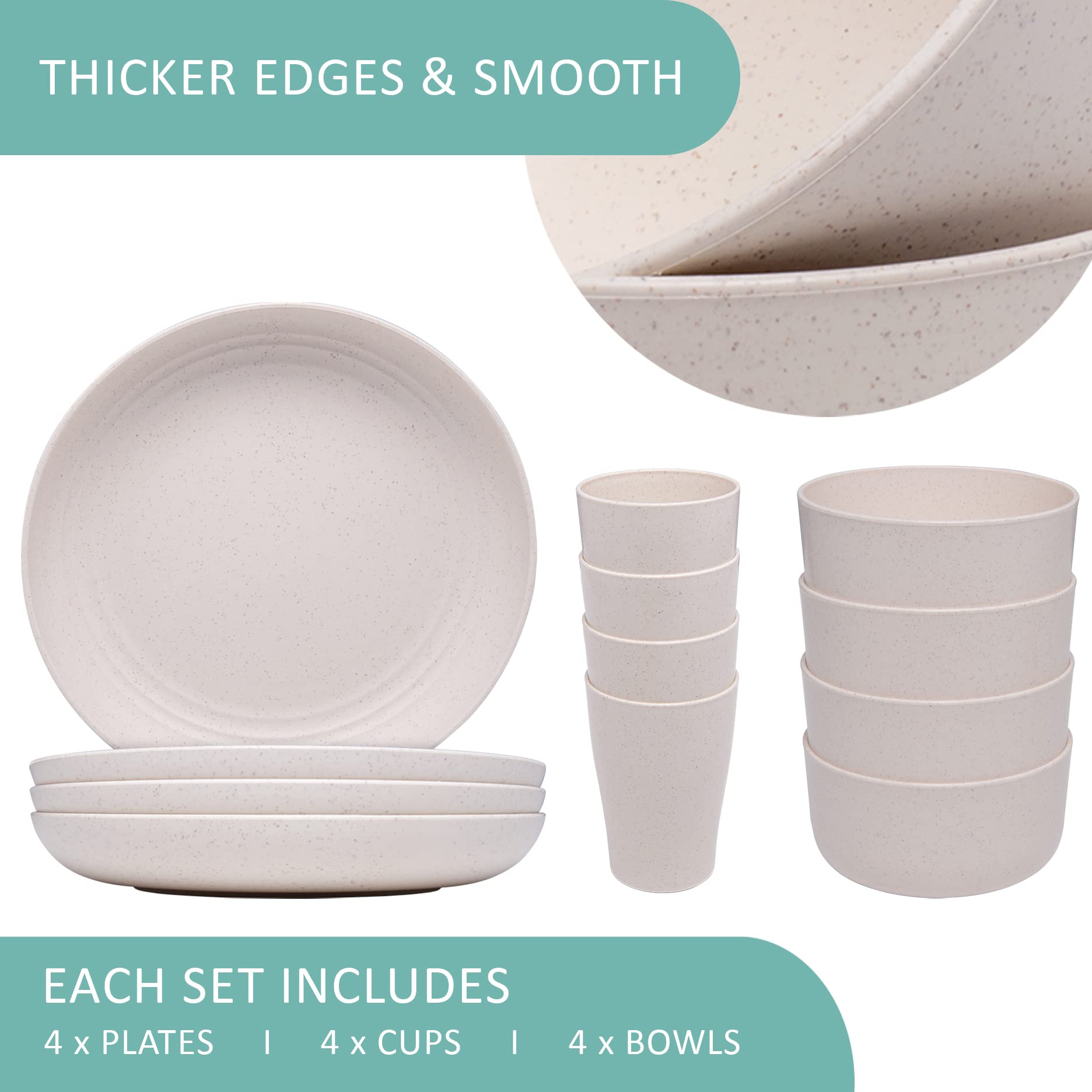 Eco-Friendly Wheat Straw Dinnerware Set - 12 Piece Cream Colored Plates, Bowls & Cups for Sustainable Dining | Perfect for Everyday Meals, Picnics & Parties