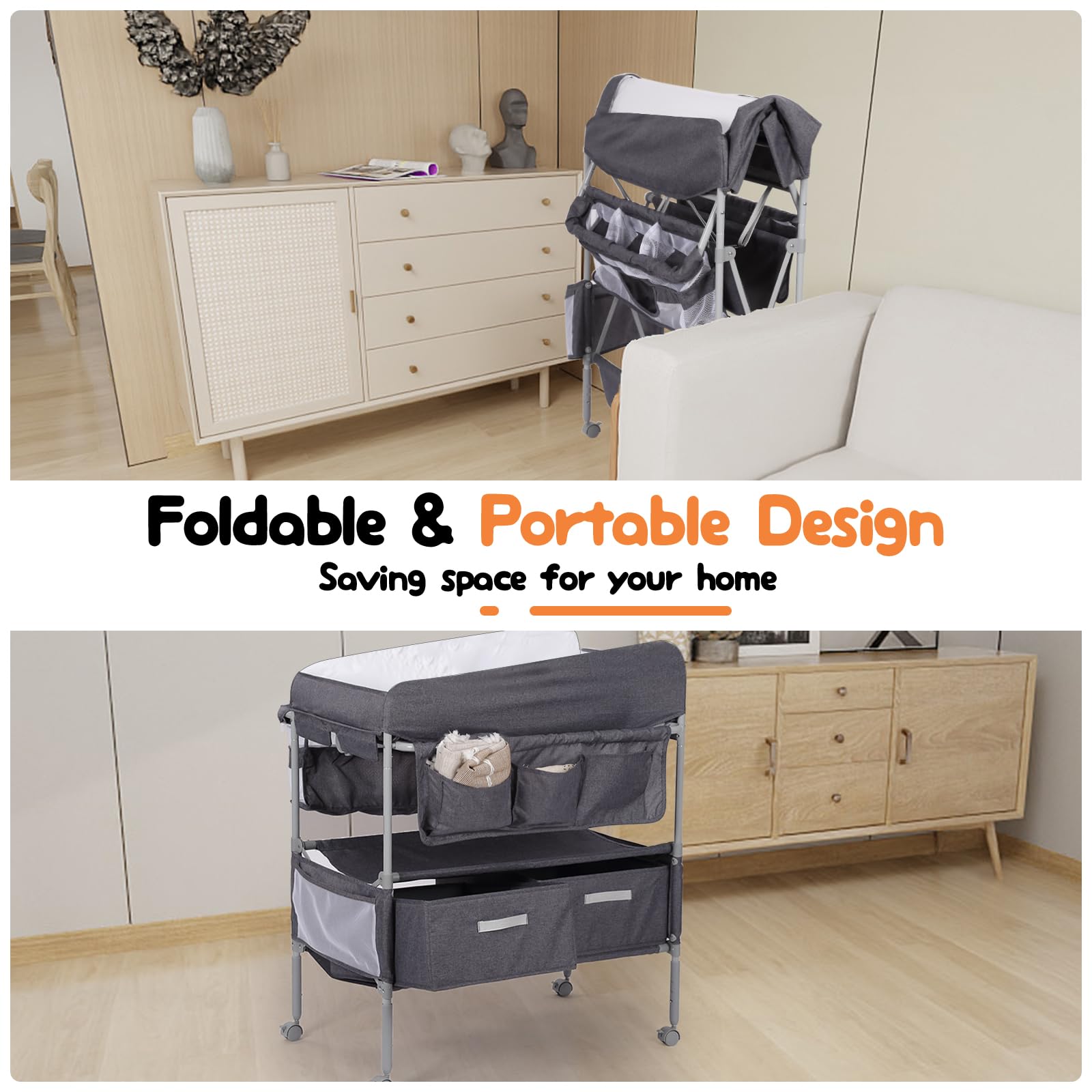 Portable Baby Changing Table with 2 Storage Baskets - Adjustable Height Foldable Changing Station Dresser - Waterproof Soft Pad for Newborns & Infants - Perfect for Nursery, Bedroom & Travel Use