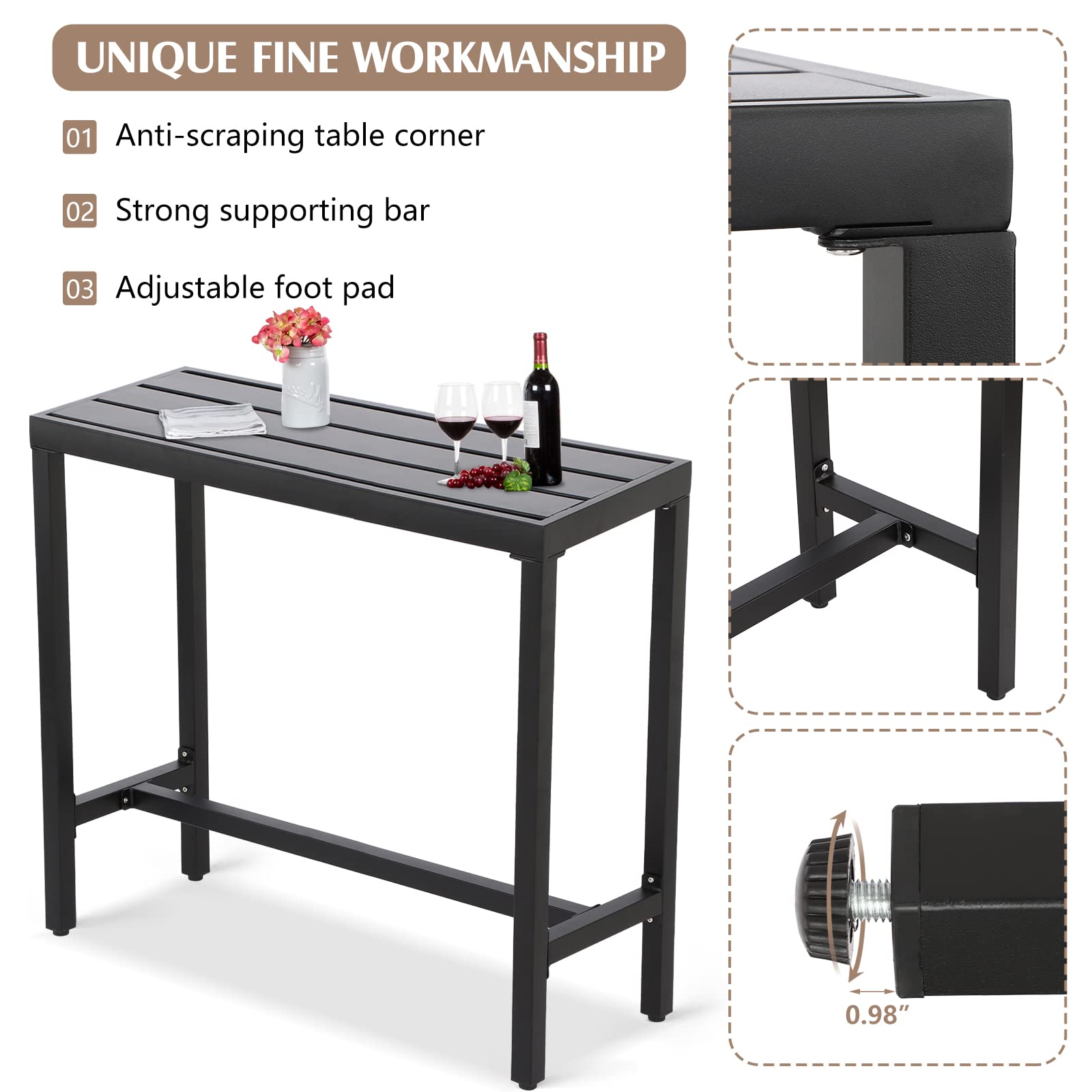 3-Piece Metal Outdoor Bar Set with Table & Stools - Black Patio Bar Furniture for Backyard, Porch, Balcony - Includes 47
