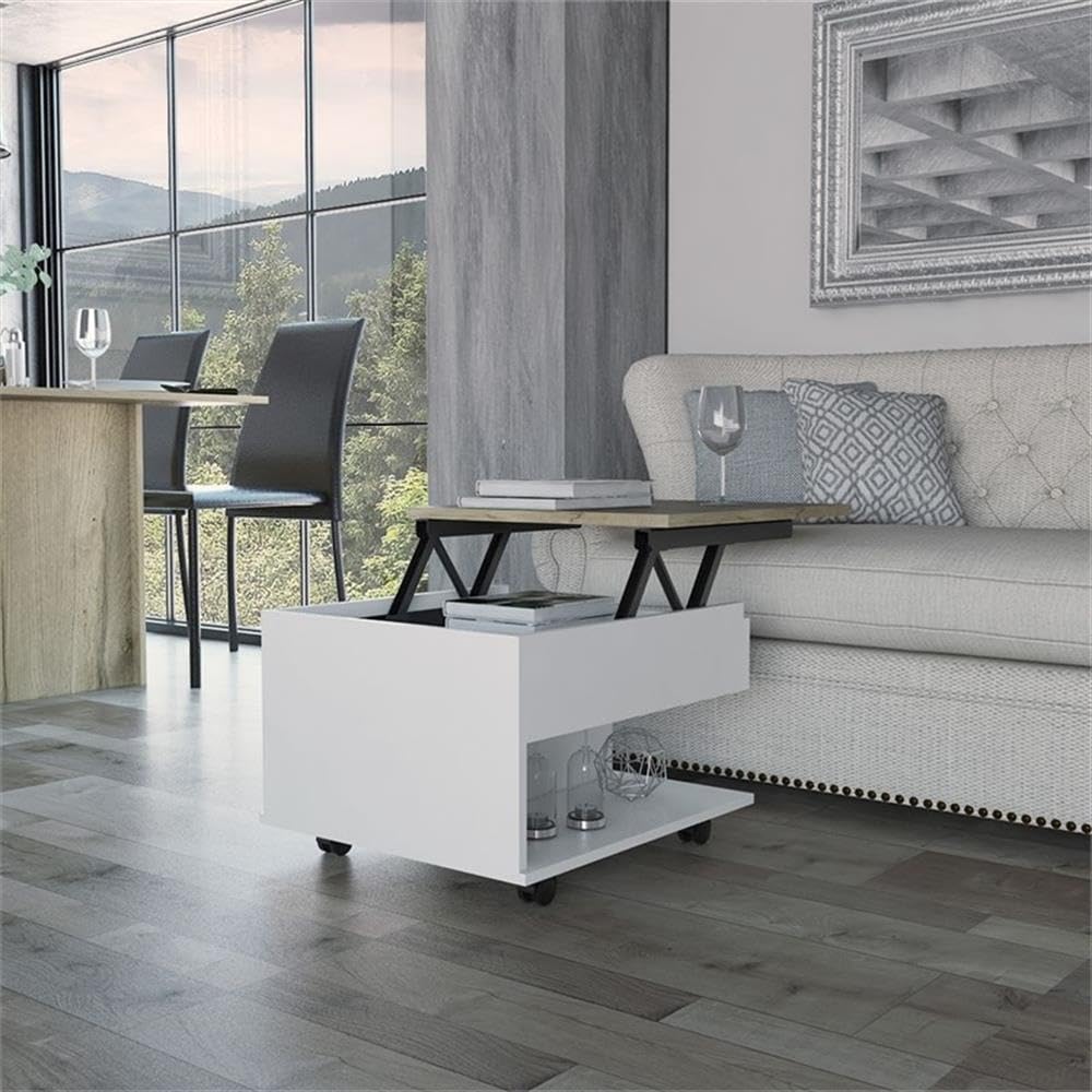 Tuhome Luanda Lift Top Coffee Table with Casters and Storage Shelf, White/Light Oak - Perfect for Living Room, Office, and Small Spaces