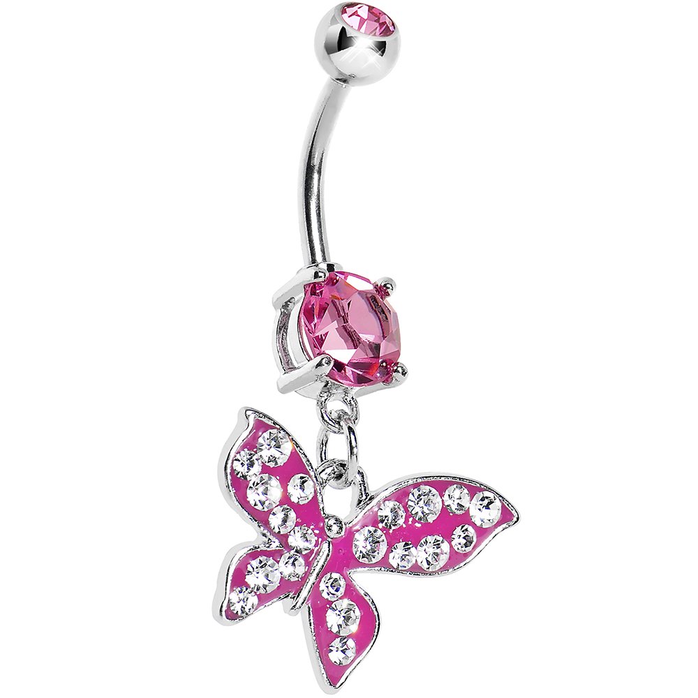 Body Candy Women's Pink Paved Flyaway Butterfly Belly Ring - Stylish Navel Piercing Jewelry for Summer Outfits & Beach Wear