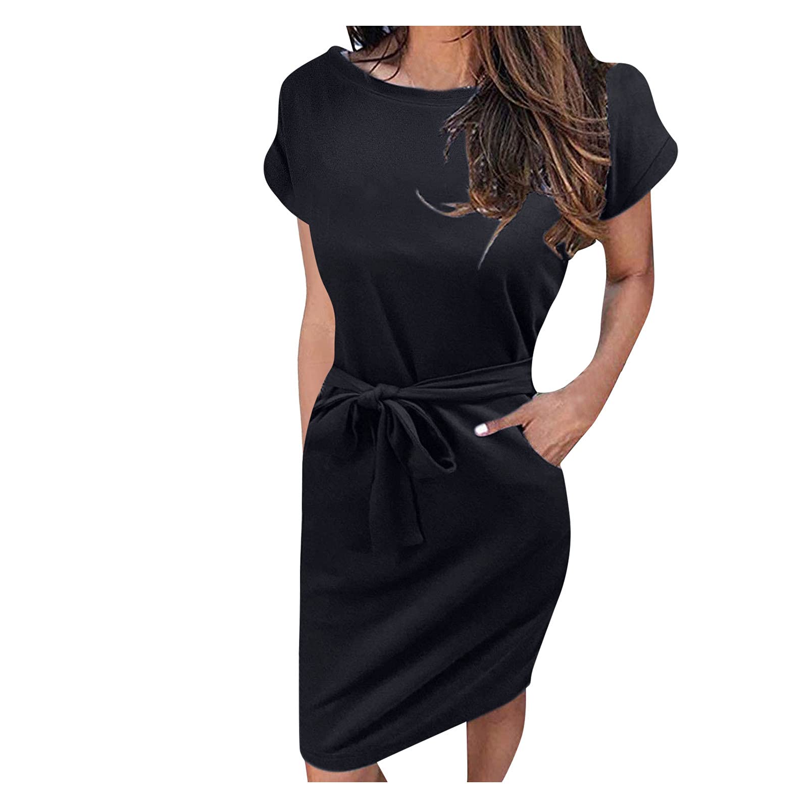 Women's Summer T-Shirt Dress with Short Sleeves, Tie Waist & Pockets | Casual Flowy Tunic Dress for Beach, Vacation & Everyday Wear