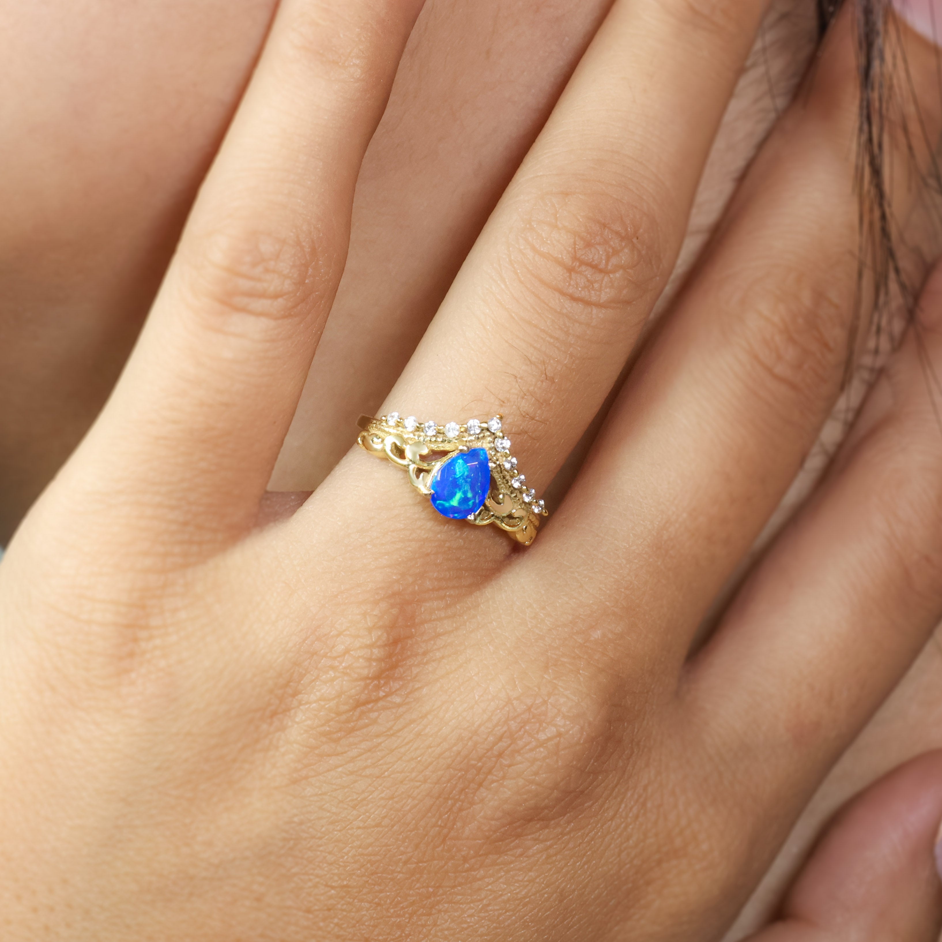 Blue Ethiopian Opal Gemstone Crown Style Ring for Women | Handmade Sterling Silver Jewelry | Perfect for Weddings, Parties & Special Occasions