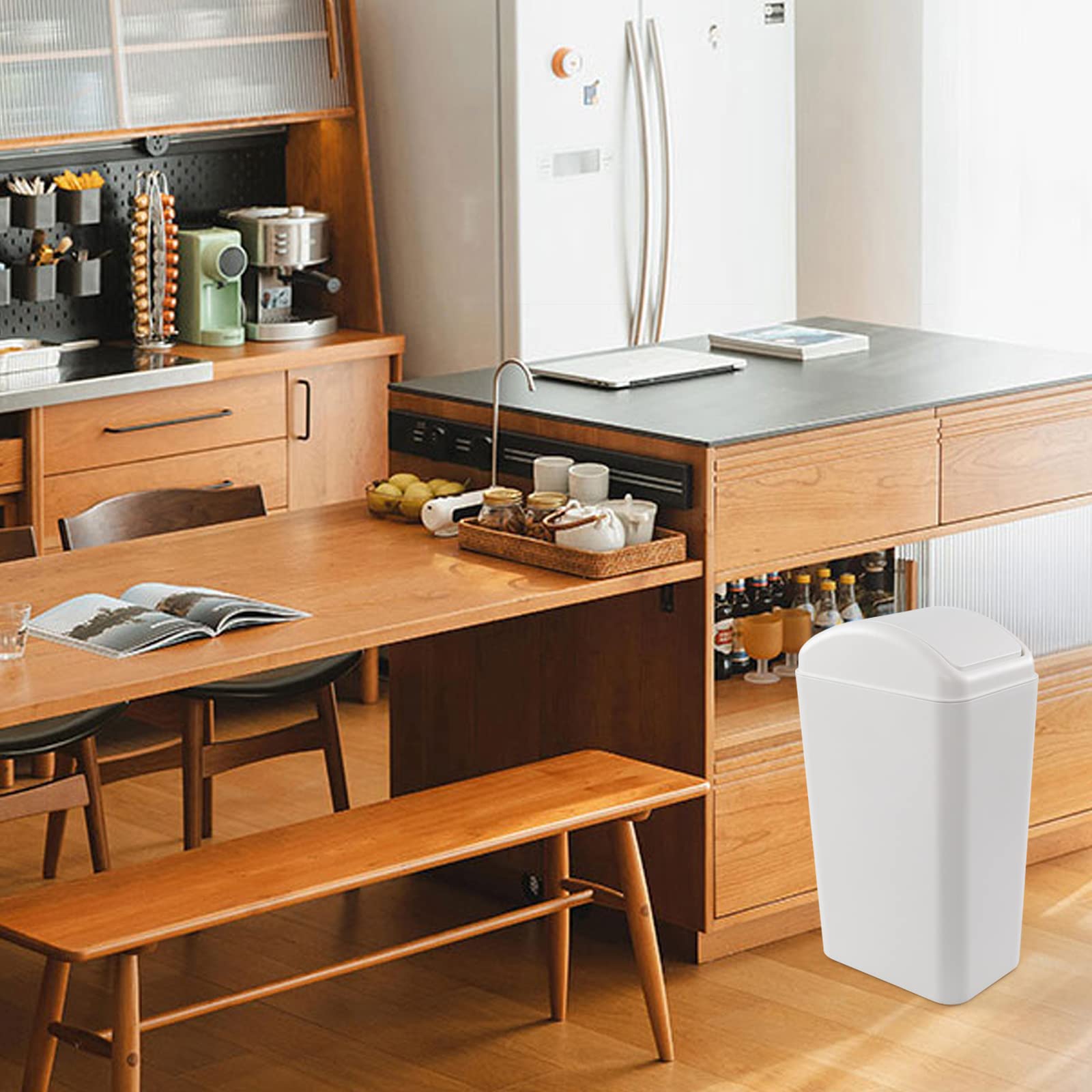 13.2L Slim Plastic Swing Trash Can with Lid - White Kitchen Garbage Bin for Bathroom, Office & Home Use - 1 Pack