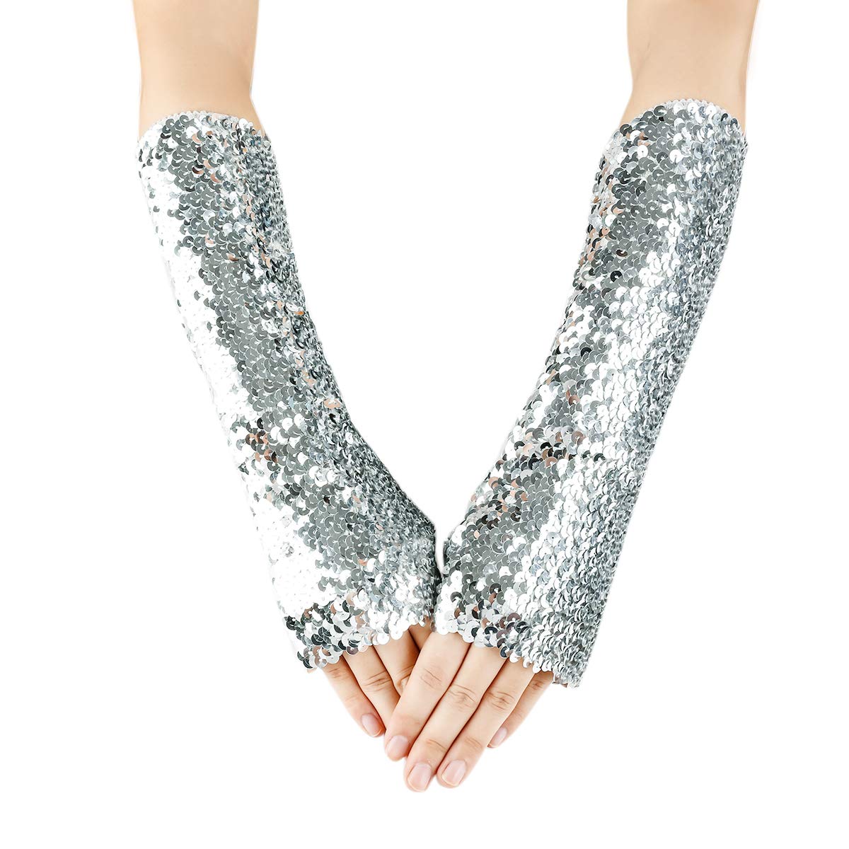 JISEN Shiny Sequins Arm Warmers - Stretchy Fingerless Gloves for Women, Fashionable Dance & Performance Accessories, Perfect for Cosplay, Rave Parties, and Winter Outfits