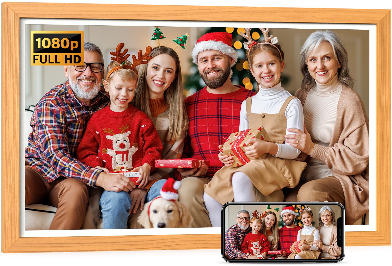 21.5-inch Smart Digital Picture Frame with 1920x1080 IPS Screen - Wireless Photo Sharing via App, Phone Mirroring, Perfect Gift for Family (Wood Effect) - Display Memories in Living Room, Bedroom or Office