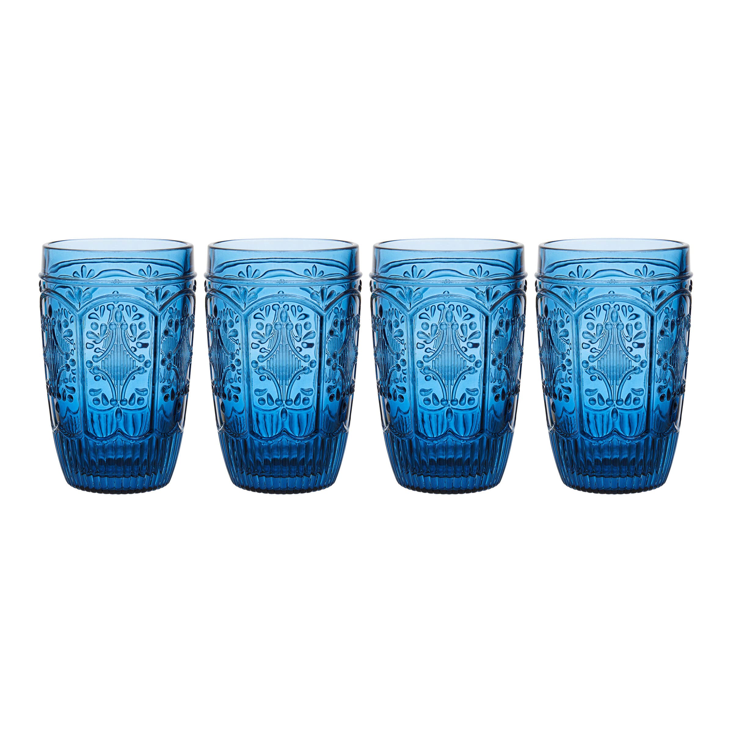 Fitz and Floyd Trestle Highball Tumbler Cups - Set of 4 Blue Glass Drinking Glasses for Cocktails, Iced Tea & Beverages - Elegant Barware for Home, Parties & Gifts