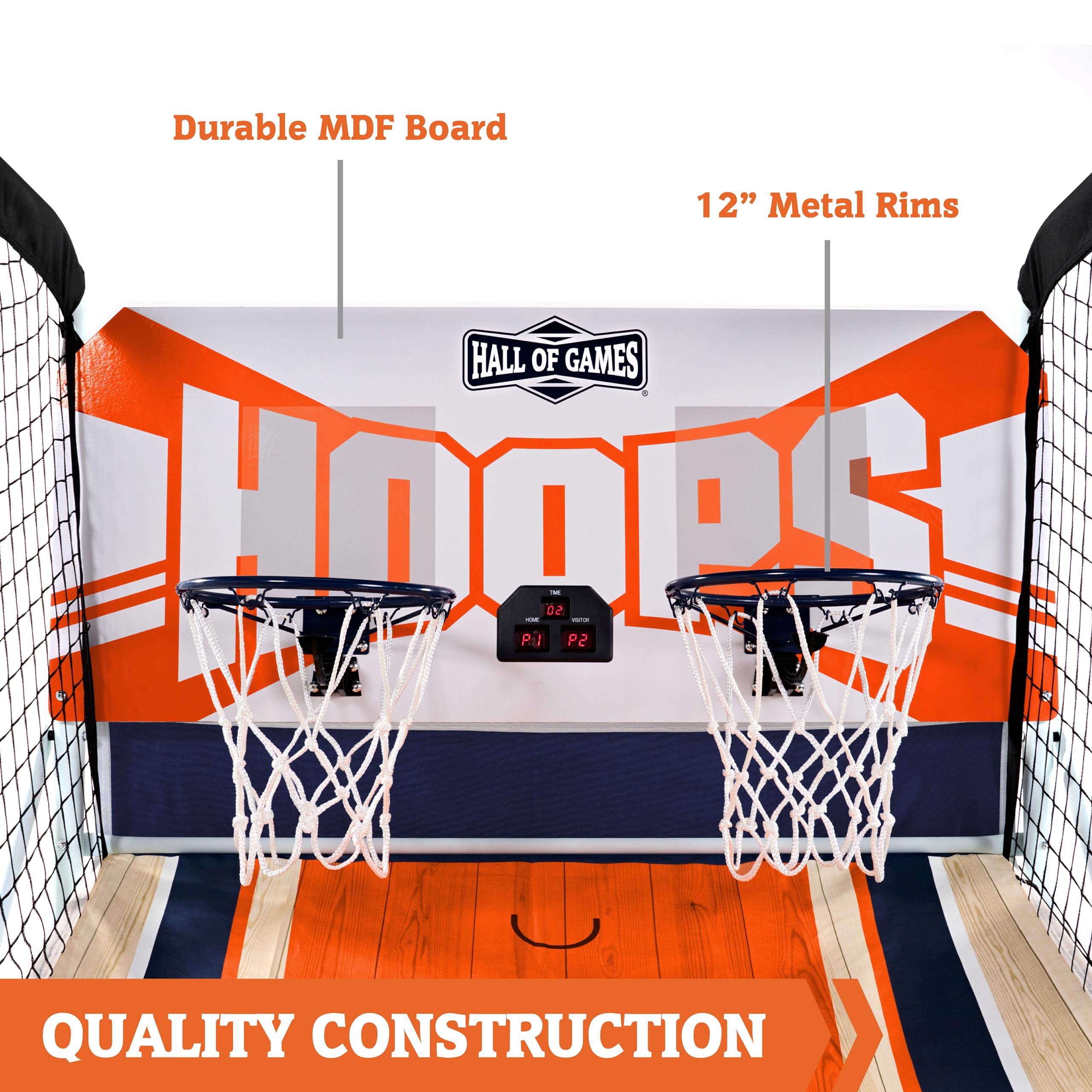 Hall of Games Indoor Arcade Basketball Set - 2 Player Electronic Scoring System with Rubber Basketballs - Perfect for Family Game Rooms, Basement Fun & Kids Birthday Parties