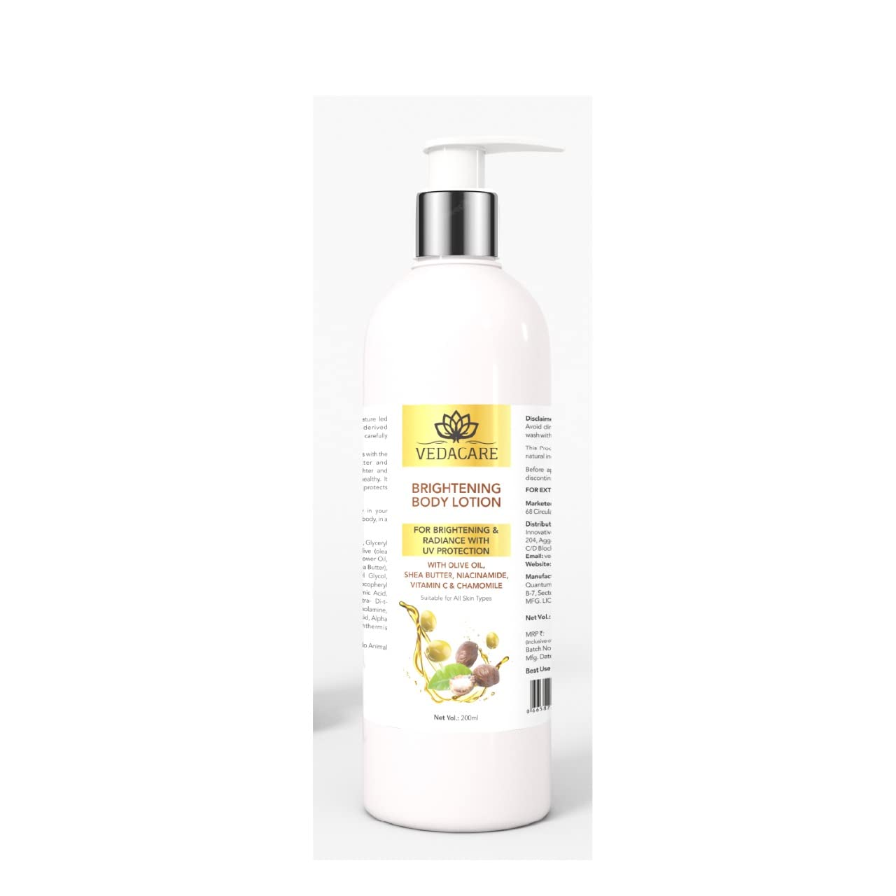 Vedacare Brightening Body Lotion 200ml with Niacinamide, Olive Oil, Shea Butter & Vitamin C - Skin Lightening, Moisturizing & Sun Protection for Hyperpigmentation - Perfect for Daily Use, After Sun Care & Evening Skincare Routine