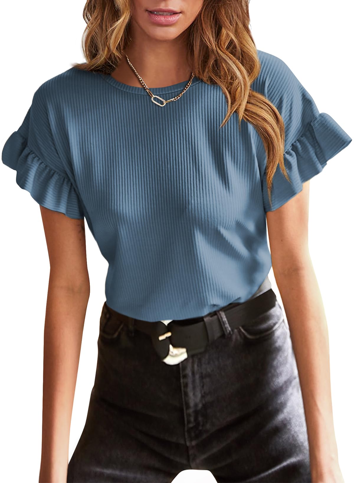 EVALESS Women's Summer Casual Short Sleeve T-Shirt - Ruffle Round Neck Loose Fit Knit Top | Perfect for Beach Outings, Weekend Wear & Casual Office Looks