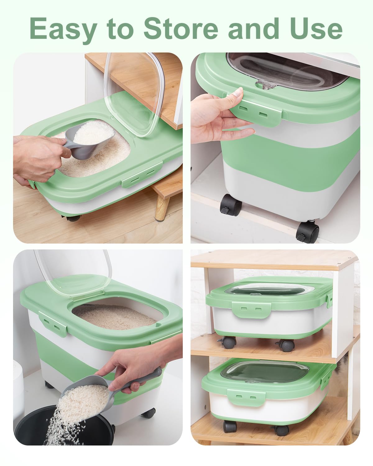 20-30 Lbs Airtight Collapsible Rice Storage Container with Rolling Wheels & Locking Lid - Flour & Pet Food Storage Bin with Measuring Cup & Scoop - Ideal for Kitchen, Pantry, Camping & Bulk Food Organization