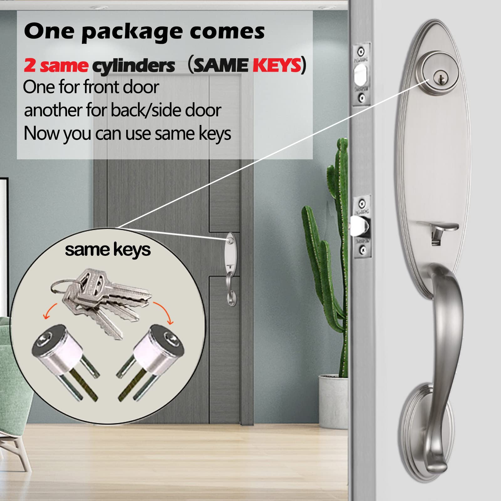 Heavy Duty Brushed Nickel Keyed & Dummy Handleset for Double Front Doors - Reversible Door Lever with 2 Keyed-Alike Cylinders | USMDHST2006SN-SET | Perfect for Home Security & Entryway Upgrade