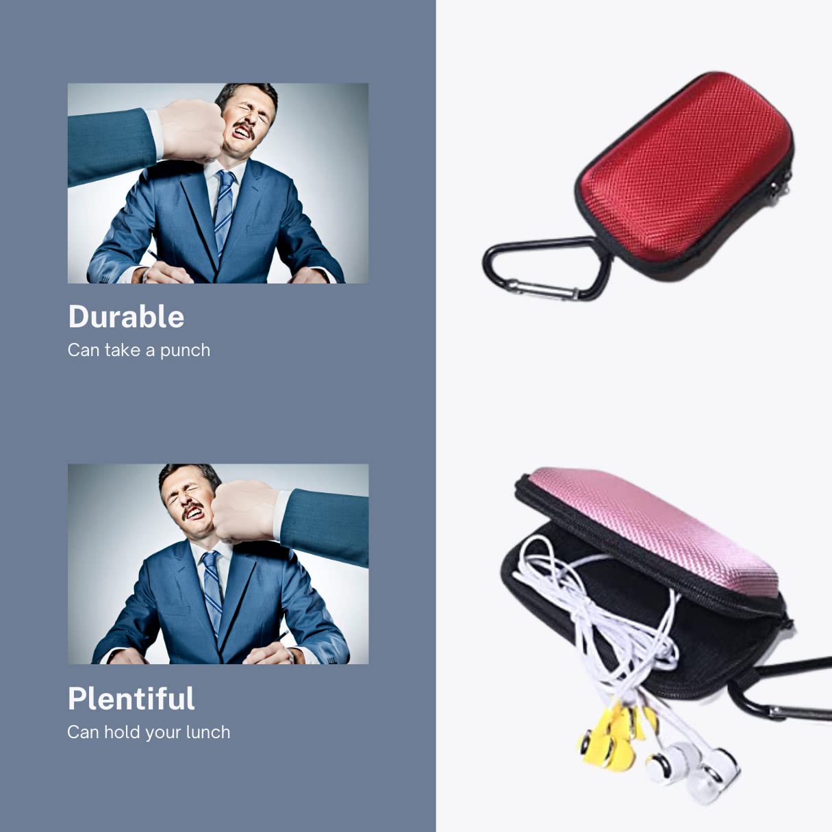 5 Pack Rectangle Earbuds Case - Protective Earphone Storage Pouch with Carabiner Clip (Pink, Blue, Black, Red, Green) | Multi-Functional Carrying Case for AirPods, Galaxy Buds & Wireless Earbuds | Travel, Gym & Outdoor Use
