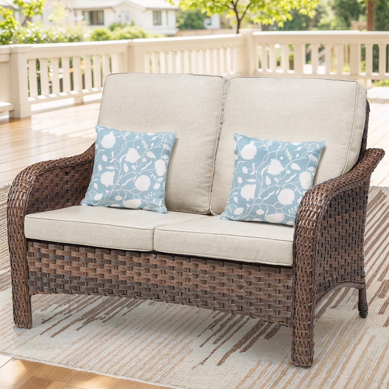 Outdoor Wicker Loveseat Sofa with Cushions - 2-Seater Rattan Patio Furniture for Sun Porch, Deck & Backyard - Comfortable Beige Cushioned Seating for Relaxing Outdoors