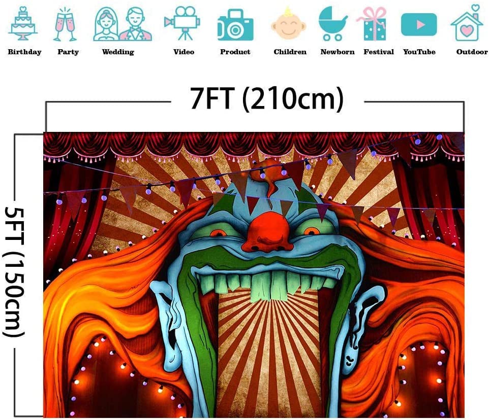 Scary Giant Clown Photography Backdrop - Red & White Stripe Carnival Photo Booth Background (7x5ft Vinyl) for Horror Circus, Haunted House & Halloween Party Decor | Studio Props, Halloween Banner & Party Supplies | Perfect for Spooky Events, Themed Parties & Photo Shoots
