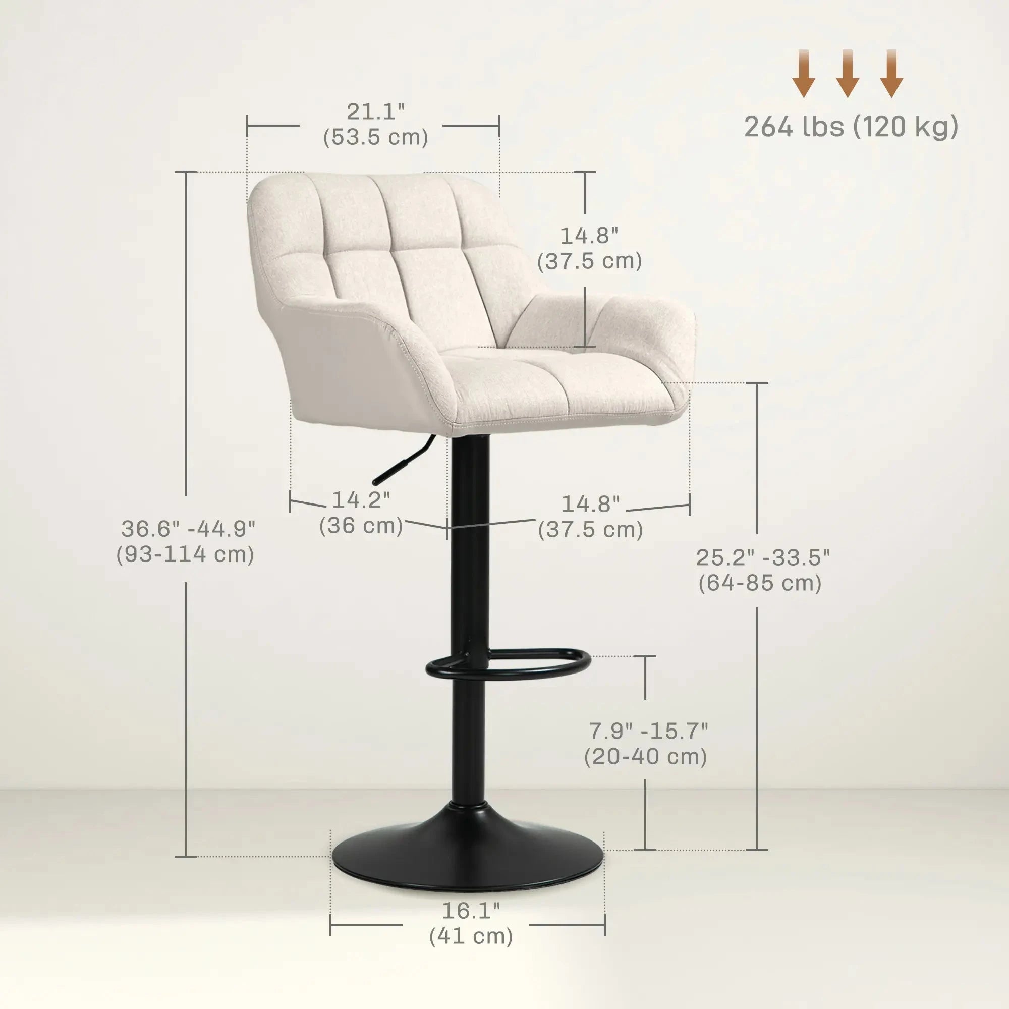 Swivel Adjustable Bar Stools (Set of 2) - Faux Leather & Linen Touch Fabric - 5 Color Options - Perfect for Kitchen Islands, Home Bars & Dining Areas