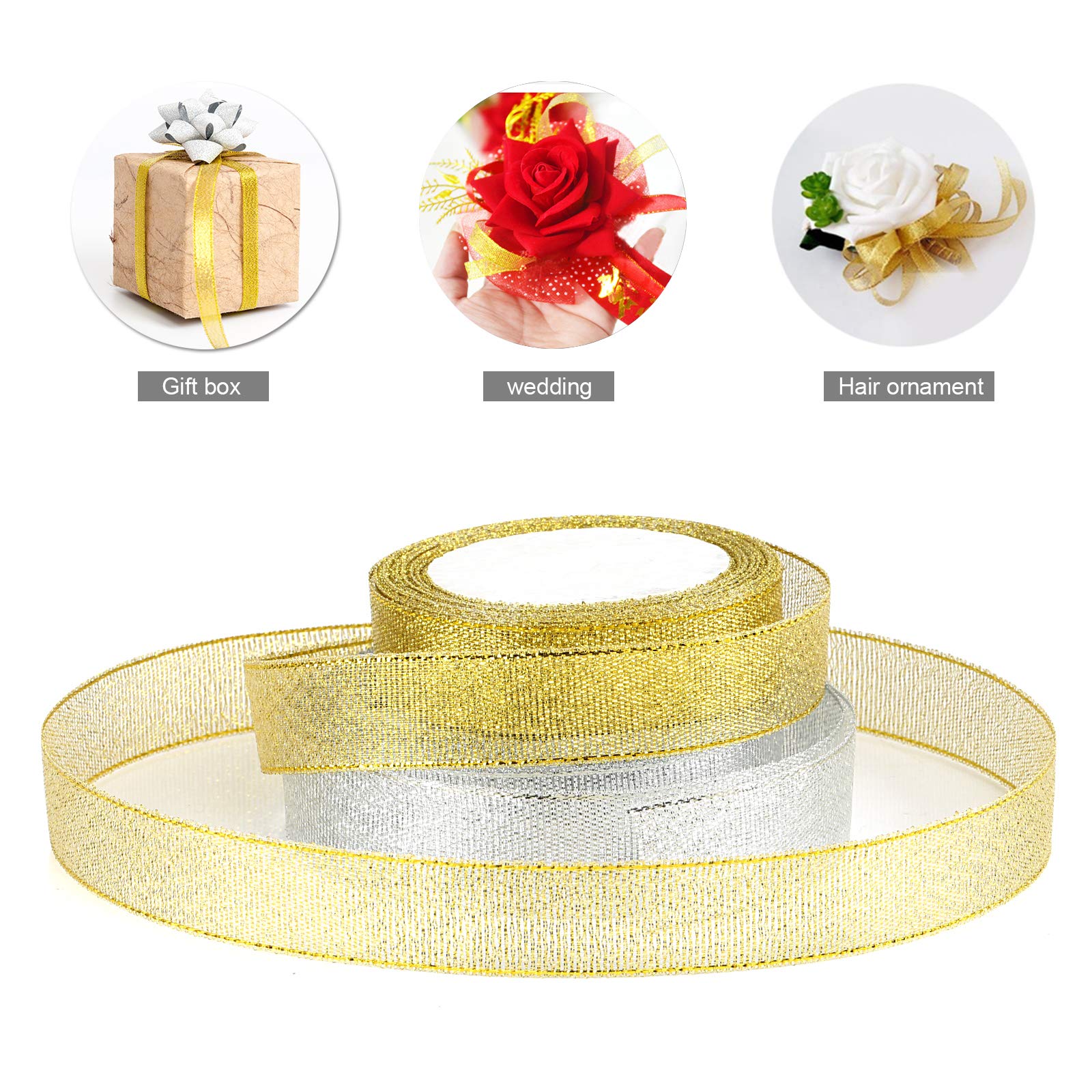 50 Yard Silver & Gold Ribbon for Christmas Tree Decorations, Gift Wrapping, Hair Bows, Floral Crafts - 4/5 Inch Wide - Perfect for Holiday DIY Projects, Party Decor, and Wedding Bouquets