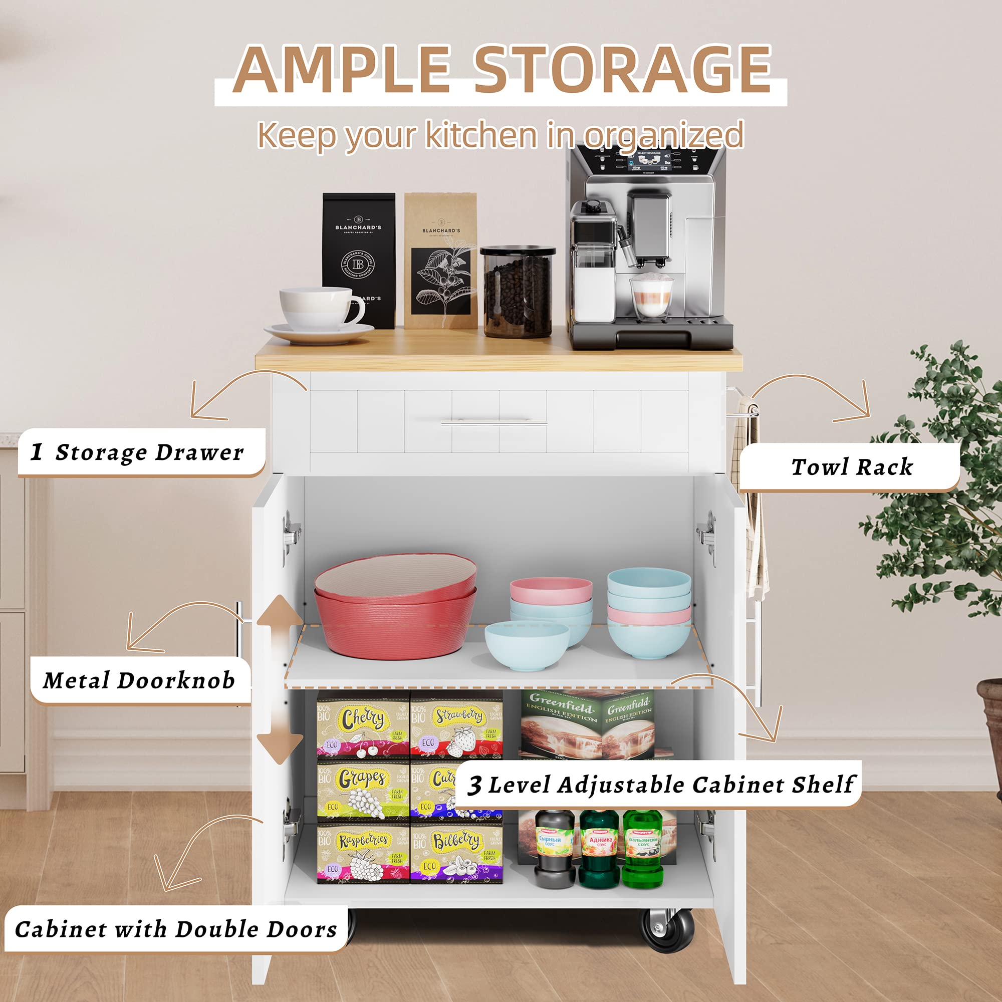 Shintenchi White Kitchen Island Cart with Storage - Rolling Side Table with Wheels, Large Worktop, Cabinet, Towel Rack & Drawers for Kitchen & Dining Room | Perfect for Meal Prep, Extra Counter Space & Small Apartment Living