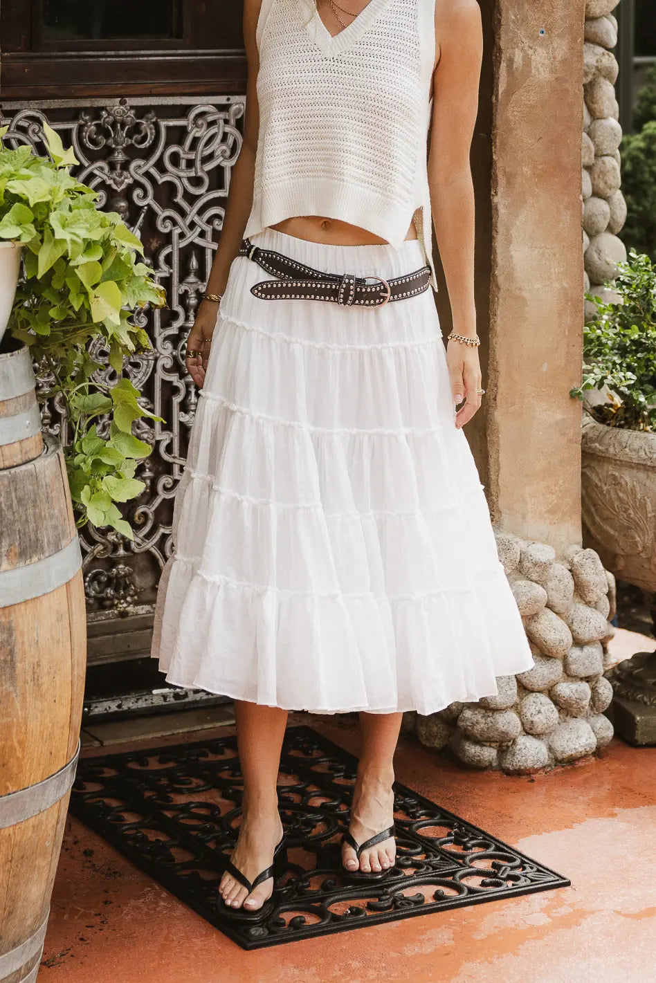Minerva Tiered Midi Skirt in White | Flowy Summer Skirt for Women | Perfect for Beach Vacations, Date Nights & Casual Outings