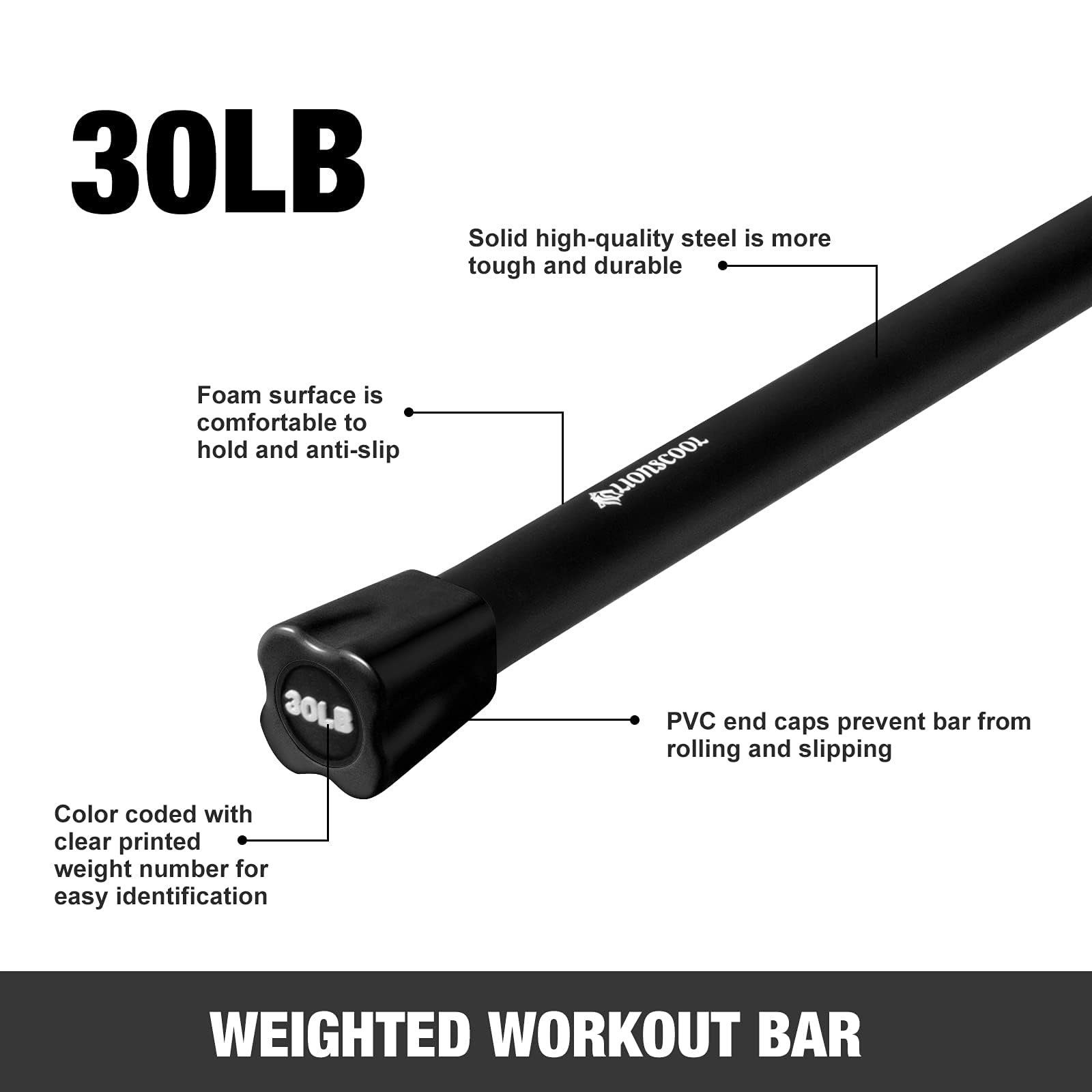 LIONSCOOL Weighted Exercise Bar - Padded Steel Workout Bar for Strength Training, Body Sculpting & Physical Therapy | Perfect for Home Gym, Yoga, Pilates & Fitness Routines