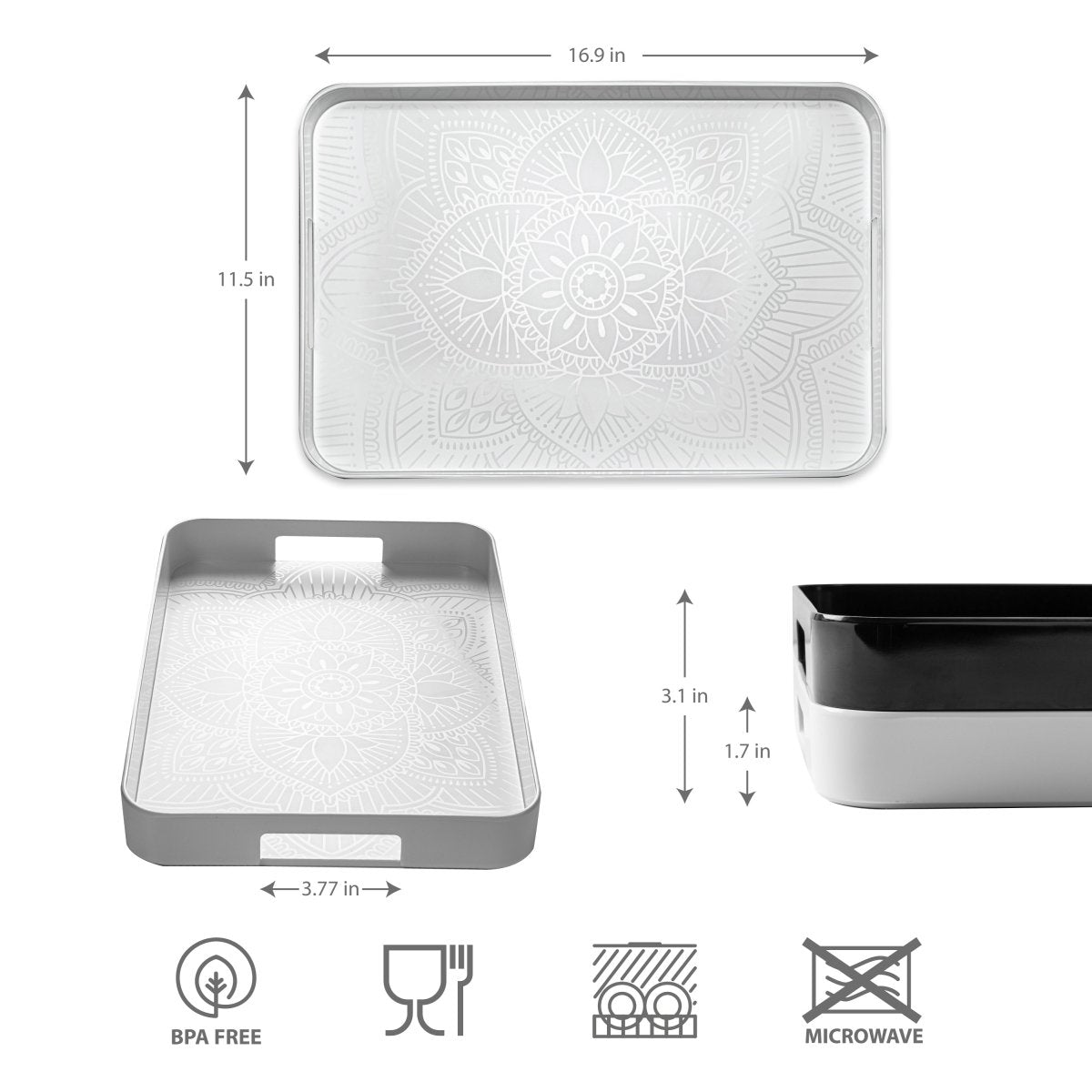 La La Mandala Melamine 11.5 x 16 Inch White Gallery Serving Tray | Decorative Tray for Home Decor, Dining Table Centerpiece, and Wall Display