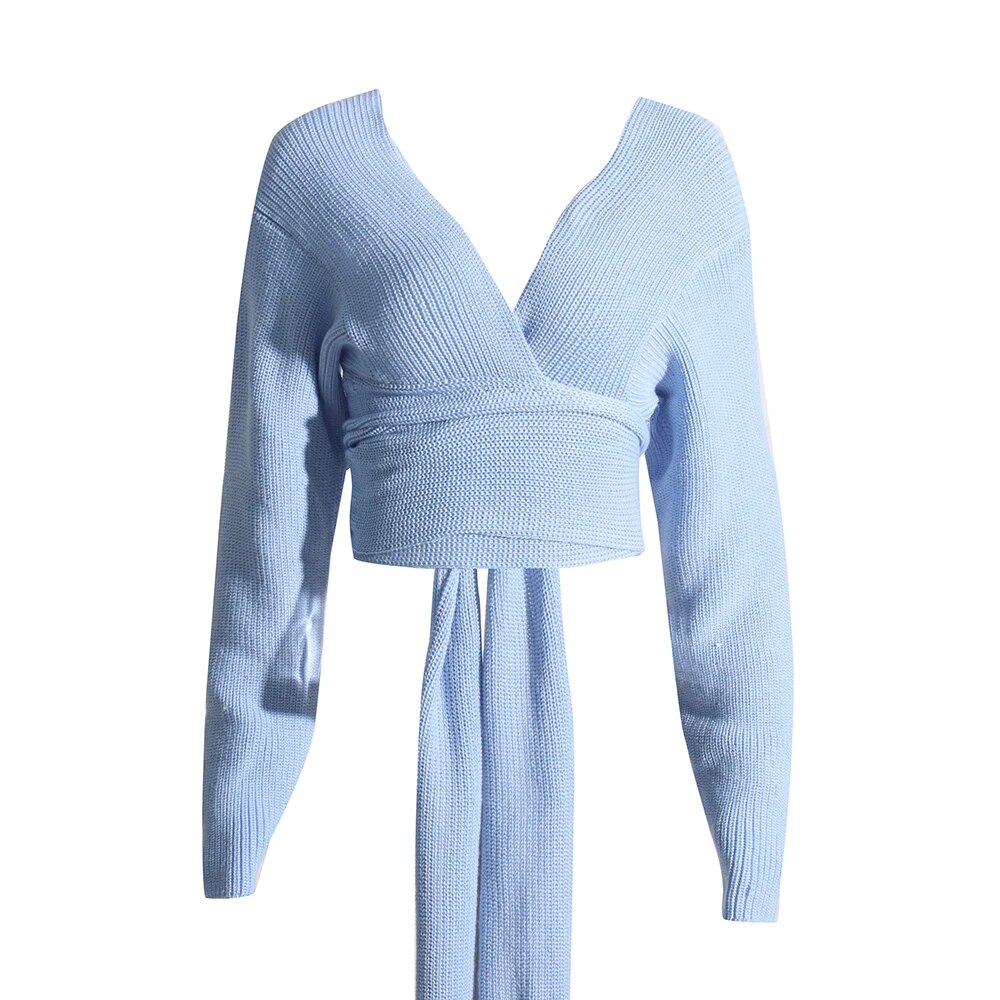 Women's Backless V-Neck Long Sleeve Knit Sweater - Minimalist Solid Color Pullover for Casual Wear, Date Night & Office Outfits