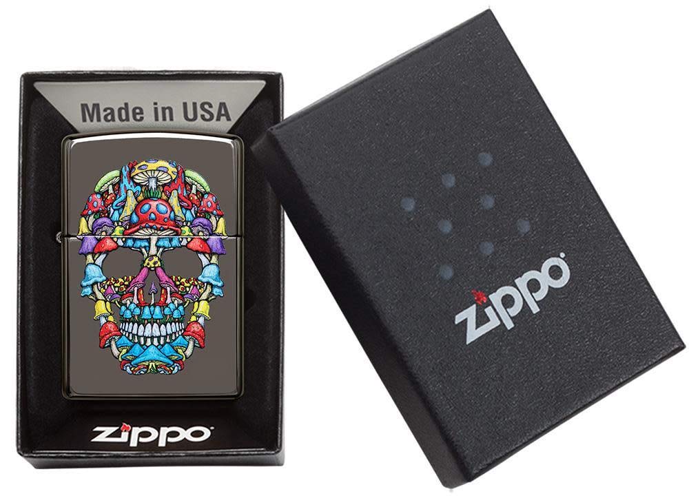 Zippo Black Ice Pocket Lighter with Mushroom Skull Design - Windproof Refillable Metal Lighter for Camping, Hiking, Outdoor Adventures & Everyday Carry (EDC)