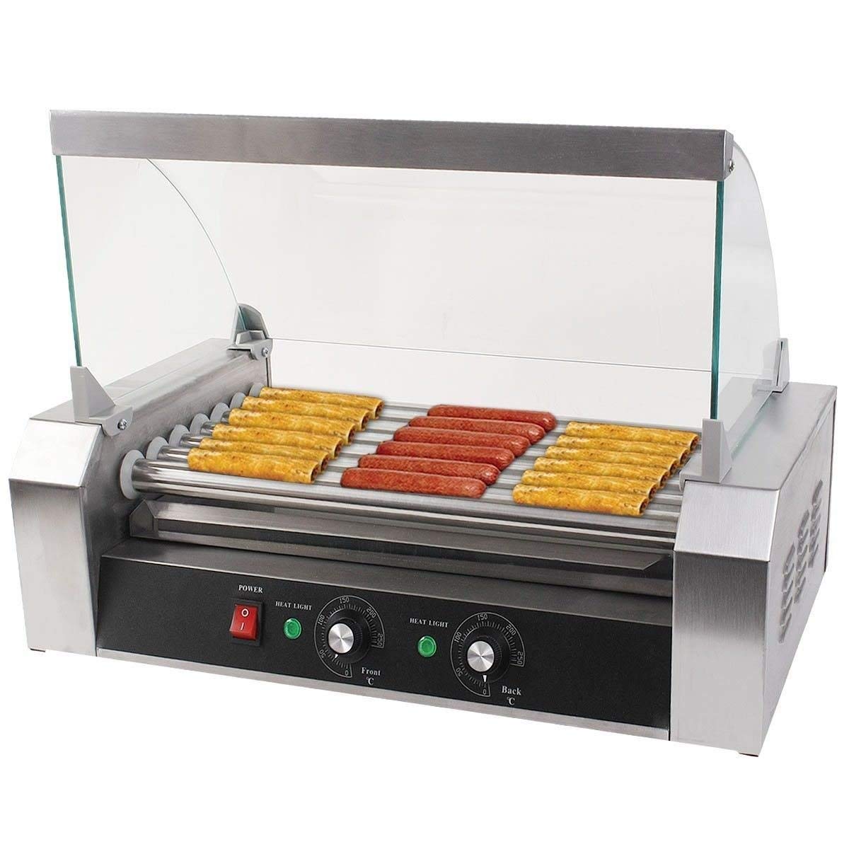 Commercial 18 Hot Dog Roller Grill Machine with Cover - 7 Stainless Steel Rollers for Hotdogs, Sausages & More - Perfect for Restaurants, Food Trucks & Concession Stands