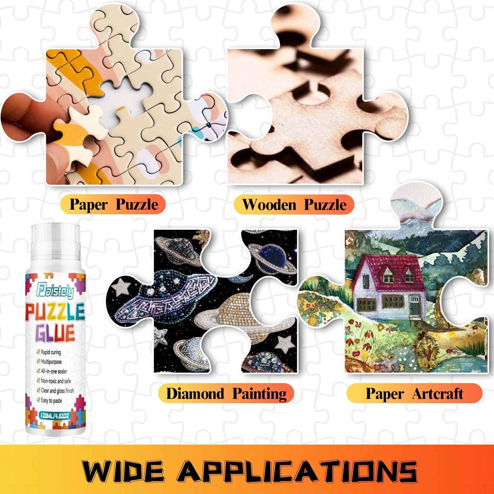 Premium Puzzle Glue Kit with Sponge Head Applicator - Permanent Adhesive for Jigsaw Puzzles, Diamond Painting & DIY Crafts - Non-Toxic, Clear Drying & High Shine Finish - Perfect for Framing, Preserving Artwork & Craft Projects