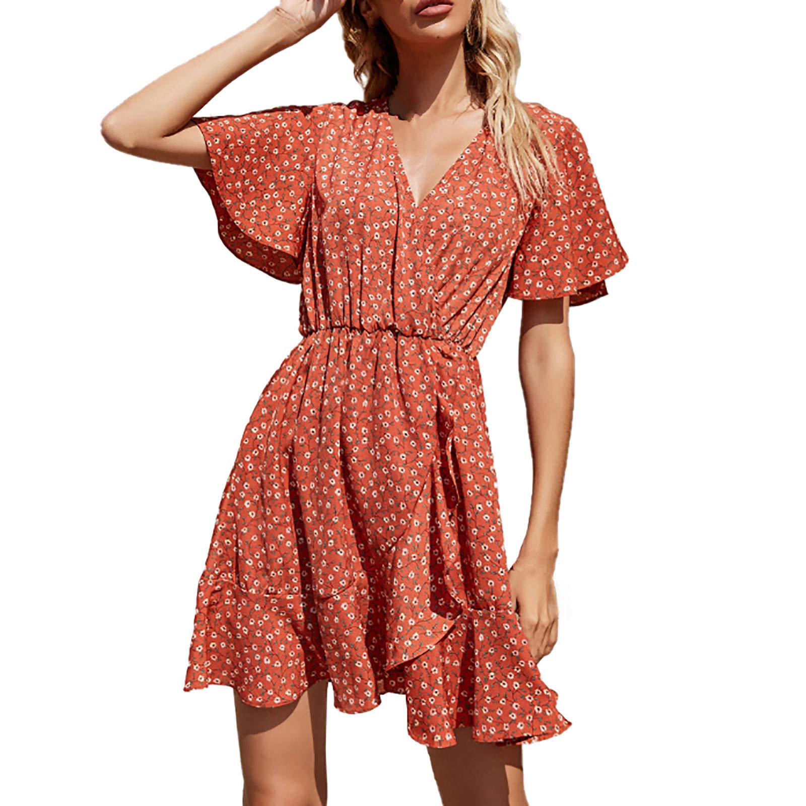 QixinWluo Women's Party Dress - Floral Print V-Neck Short Sleeve Draped Splicing Mini Dress for Cocktail, Wedding & Evening Events