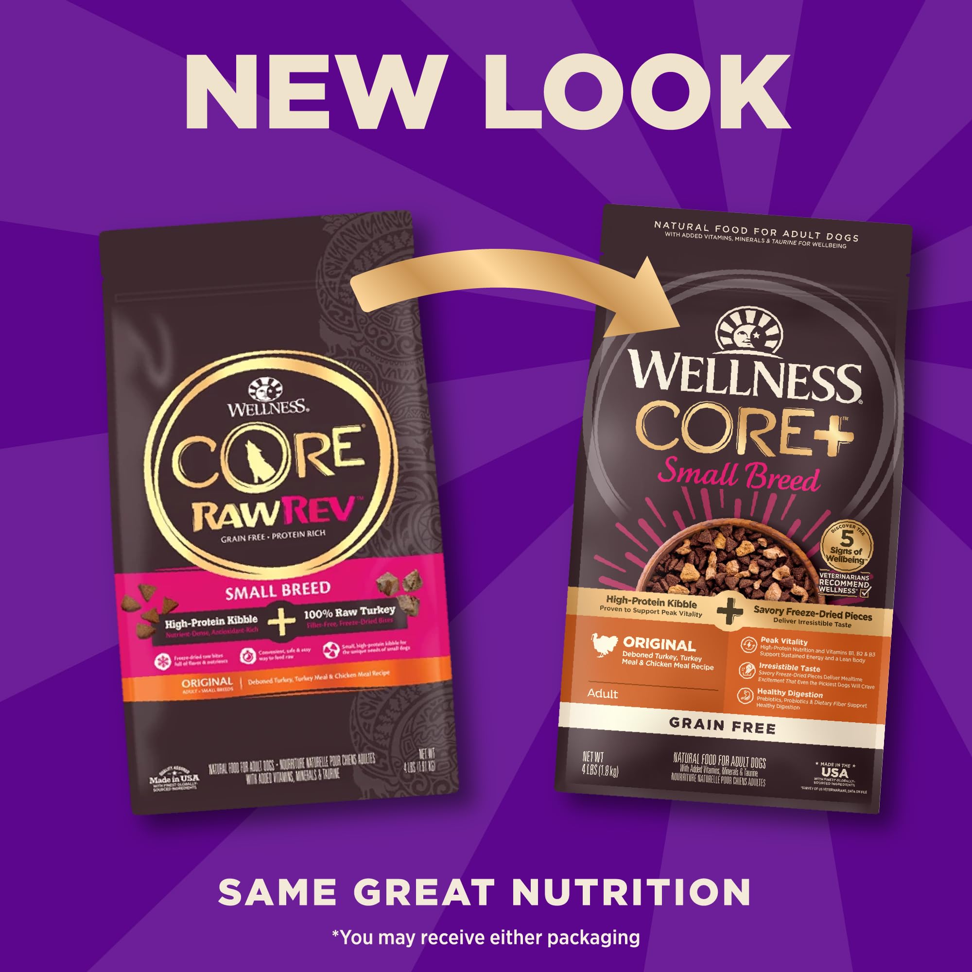Wellness CORE+ Grain Free High Protein Dry Dog Food for Small Breeds - Original Turkey & Chicken Recipe with Freeze Dried Pieces (4lb Bag) | Perfect for Active Small Dogs & Puppies at Home or Travel