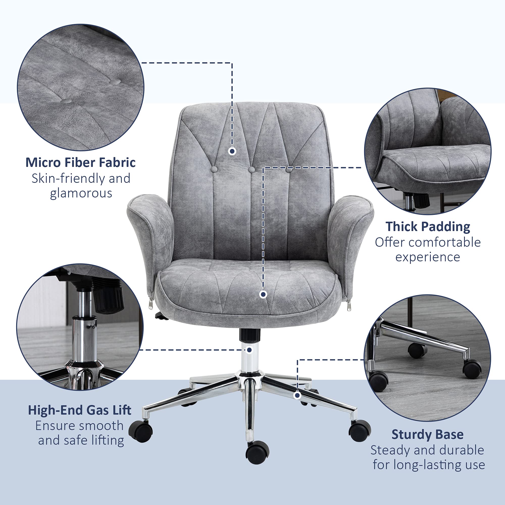 Vinsetto Microfiber Home Office Chair - Adjustable Height Ergonomic Computer Desk Chair with Swivel Wheels, Tilt Function & Padded Armrests, Light Gray - Perfect for Work, Gaming & Study in Home Office or Dorm Room