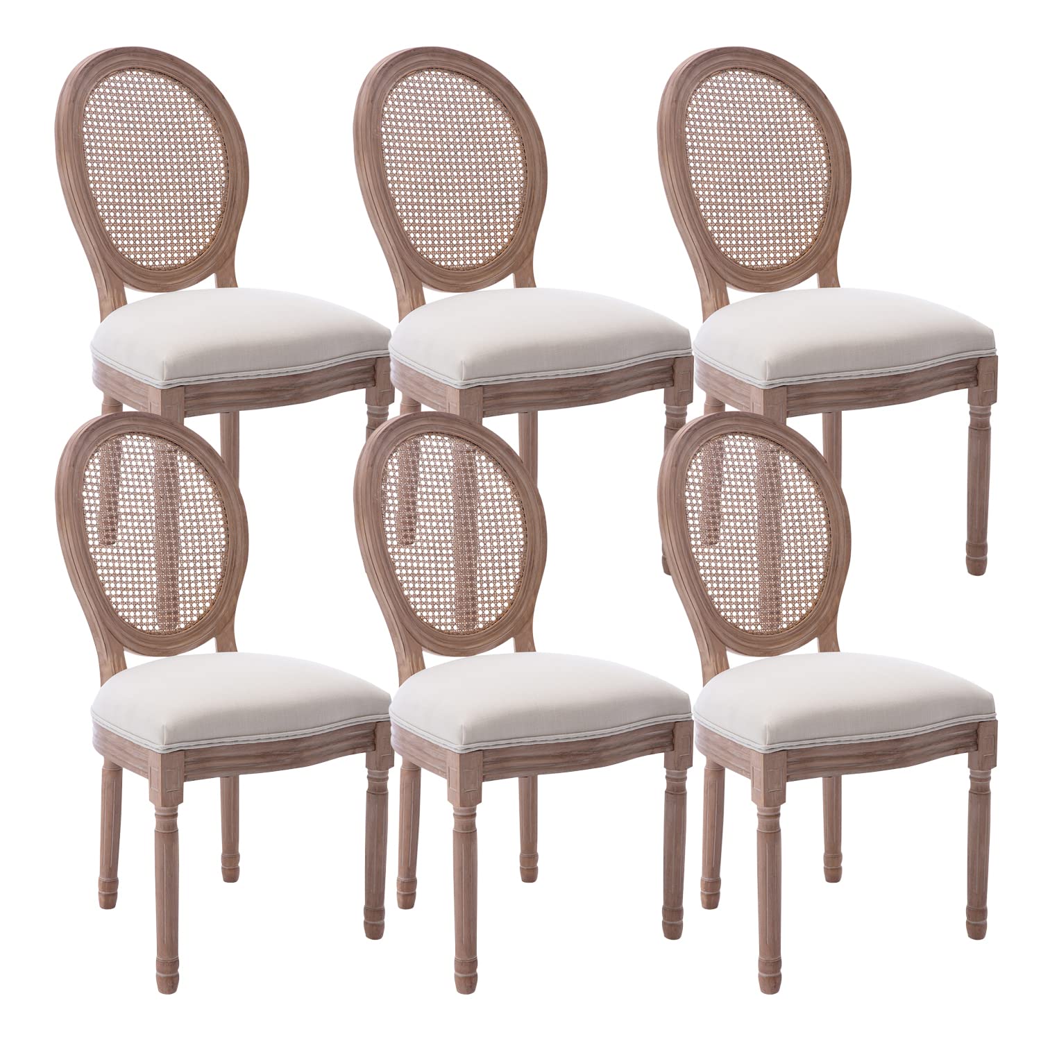 Vintage French Country Dining Chairs Set of 6 - Mid Century Upholstered Round Back Chairs with Solid Wood Legs for Dining Room, Kitchen, Bedroom & Restaurant - Perfect for Farmhouse Decor, Cottage Style Homes & Bistro Settings