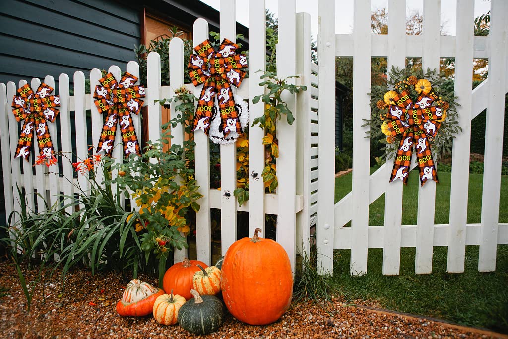 Halloween Ghost Wreath Bows - Orange Black Plaid Burlap Bows for Door Decor