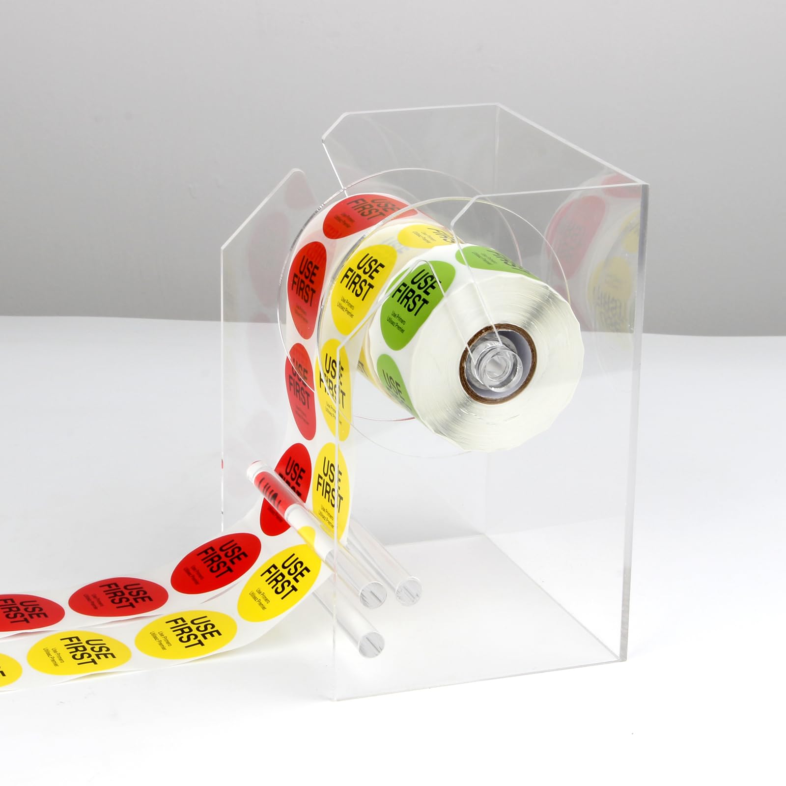 Adjustable Acrylic Label Dispenser - Transparent Sticker Roll Holder for Office & Home Organization - Desktop Sticker Organizer Stand with 3 Disks - Perfect for Mailing, Filing, and Craft Projects