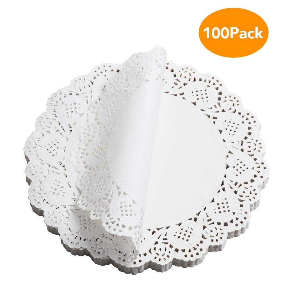 Adaamya Lace Paper Doilies - 100-Piece Bulk Pack (6.5 Inch White) for Cake Packaging, Dessert Display & Tableware Decoration - Perfect for Weddings, Tea Parties, and DIY Crafts