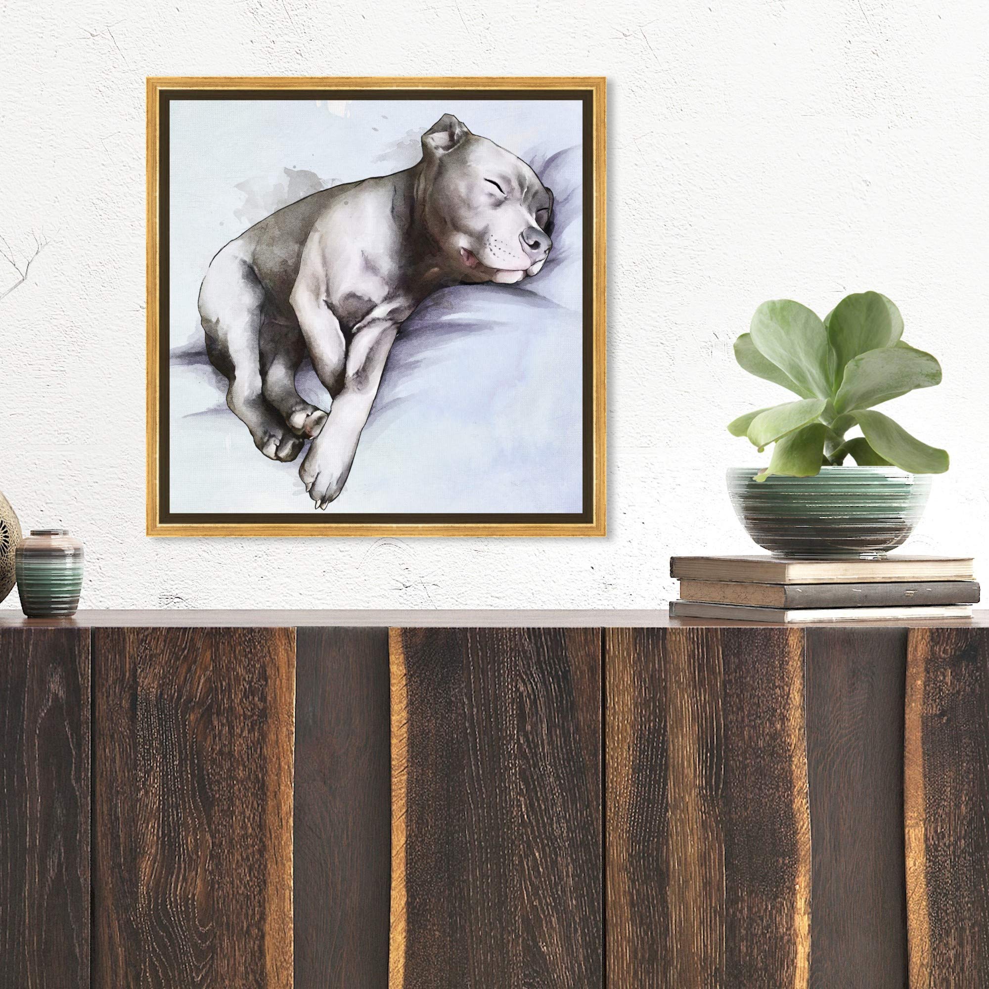 Sleeping Pitbull Framed Wall Art Canvas Print - 16x16 Inches, Gray & Blue - Modern Dog & Puppy Home Décor for Living Room, Bedroom, or Office