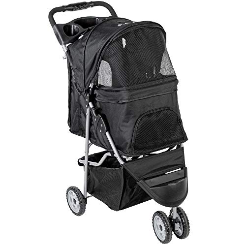 VIVO Black 3 Wheel Pet Stroller for Small Dogs & Cats - Foldable Lightweight Pet Carrier with Storage Basket - Perfect for Walking, Travel & Vet Visits (Model STROLR-V003K)